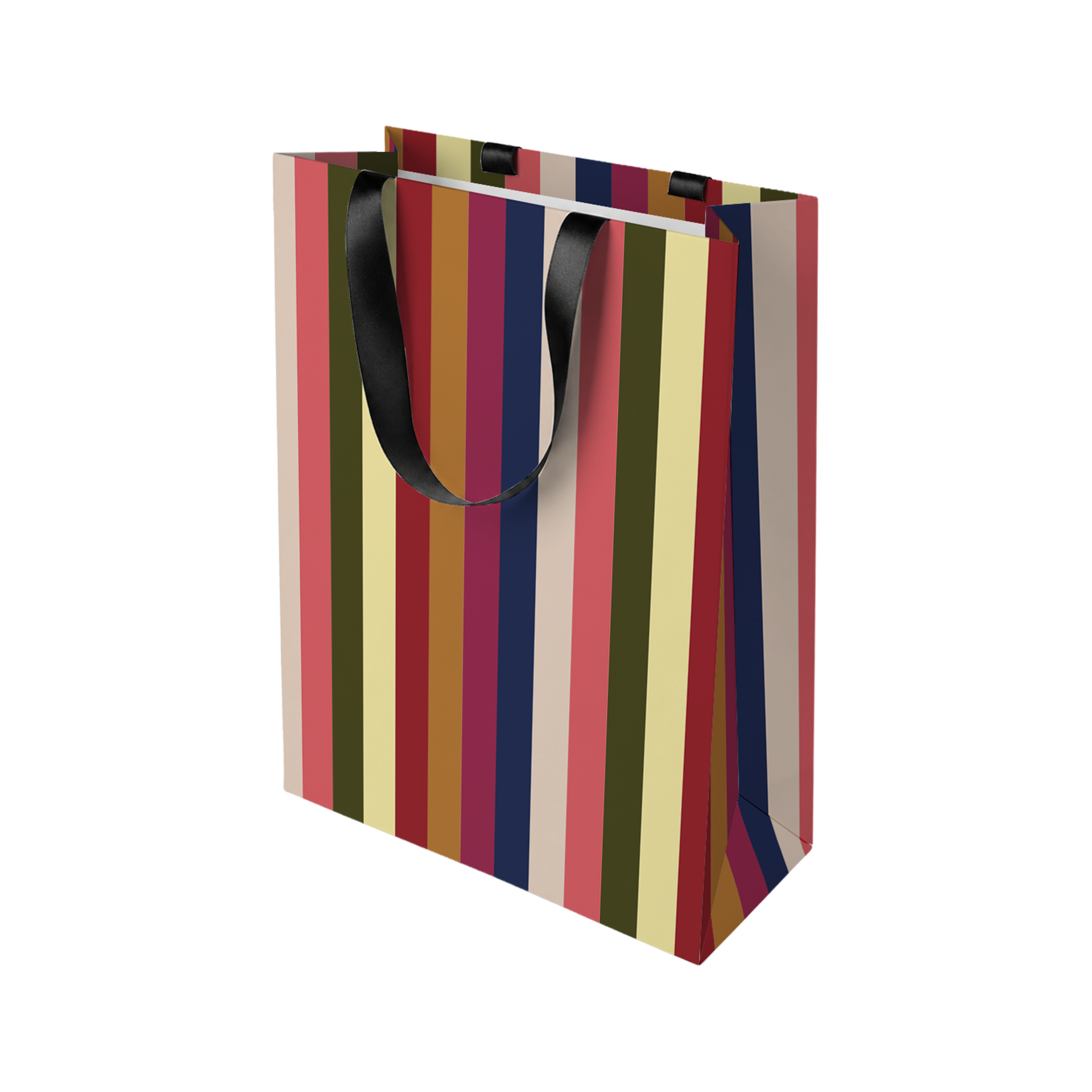 Bolsa de regalo vertical con rayas de colores (rojo, beige, azul oscuro, amarillo mostaza, verde oscuro, rosa y marrón) y dos asas de cinta de raso negra. Bolsa de papel resistente y ligeramente brillante. Parte del festivo juego de 8 unidades «Joy».