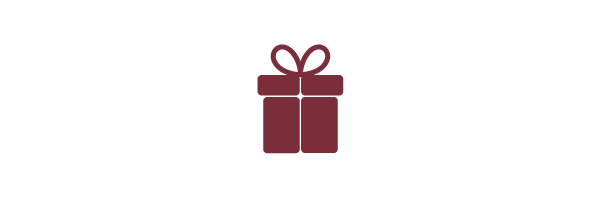 Einfache grafische Illustration einer verpackten Geschenkbox in kräftigem Dunkelrot auf weißem Hintergrund. Rechteckige Box mit vertikal und horizontal gebundenem Band, oben mittig mit eleganter Schleife. Symbol für Geschenk, Feier oder Angebot.