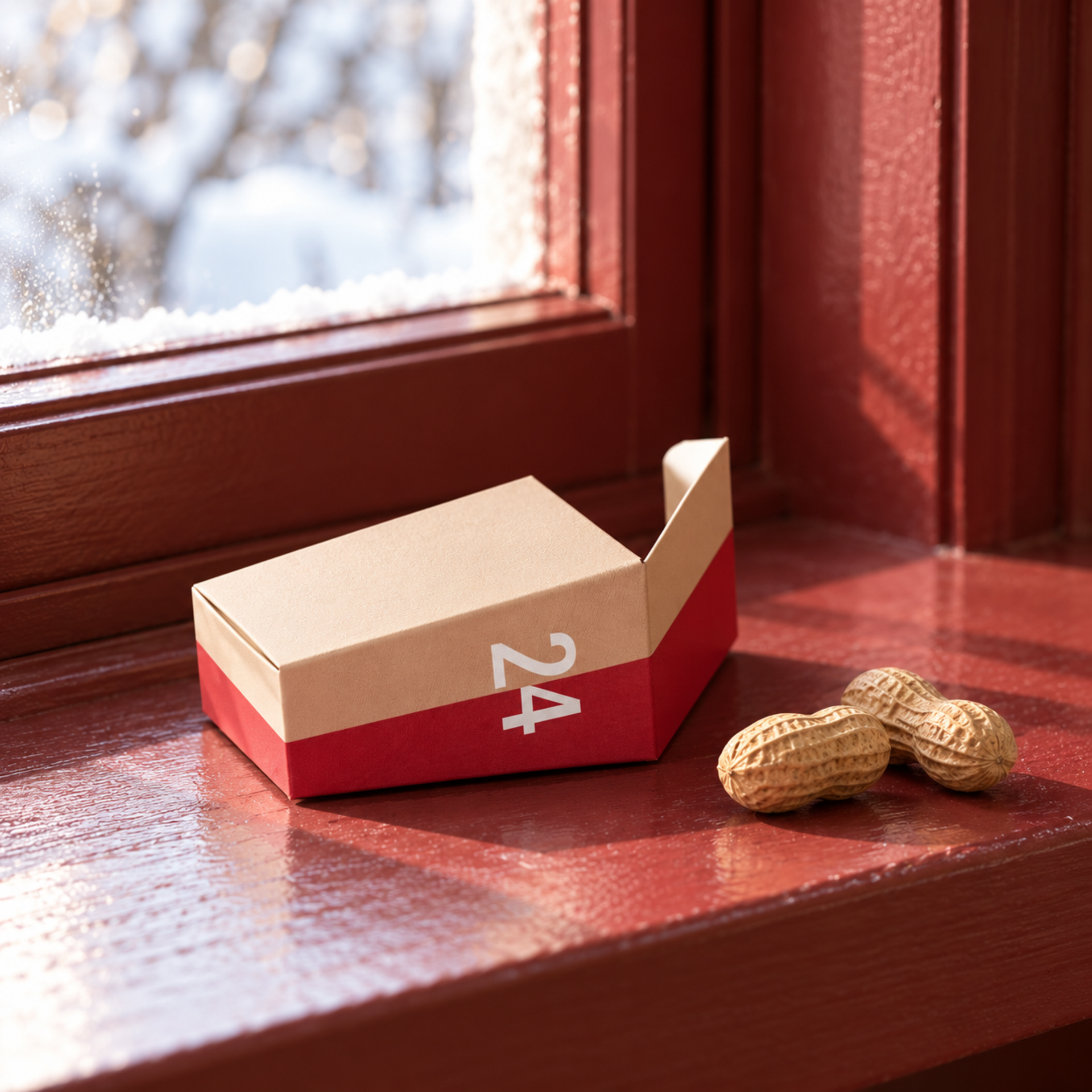 Una pequeña caja de regalo abierta, con el número 24 en blanco sobre fondo rojo, reposa en un alféizar rojo oscuro. A su derecha hay dos cacahuetes. Tras la ventana nevada se ve un paisaje invernal difuso al sol.