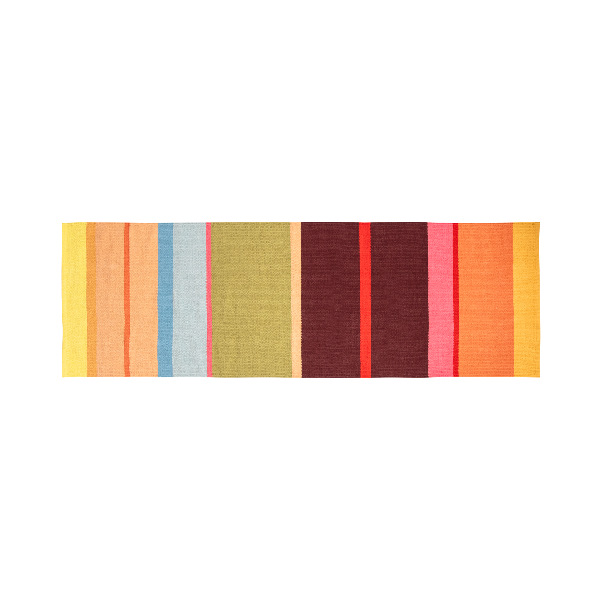Langer, handgewebter Teppichläufer aus reiner Baumwolle mit vielen vertikalen Streifen in lebhafter Farbpalette: breite Partien in Hellgelb, Pfirsich, Himmelblau, Olivgrün, Braun, Pink und Orange, mit schmalen Akzenten in Orange, Pink und Rot.