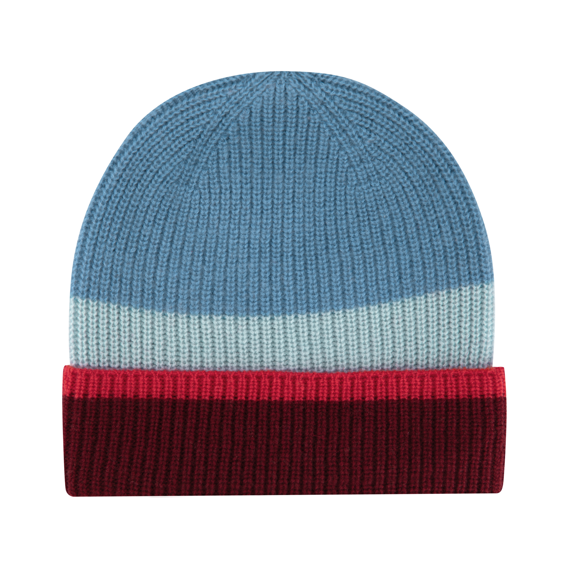 Gorro de punto de lana y cachemira, diseño acanalado y amplias rayas horizontales de colores. Parte superior azul claro, seguida de raya central gris claro. Ribete con estrecha raya roja sobre amplia sección rojo oscuro.