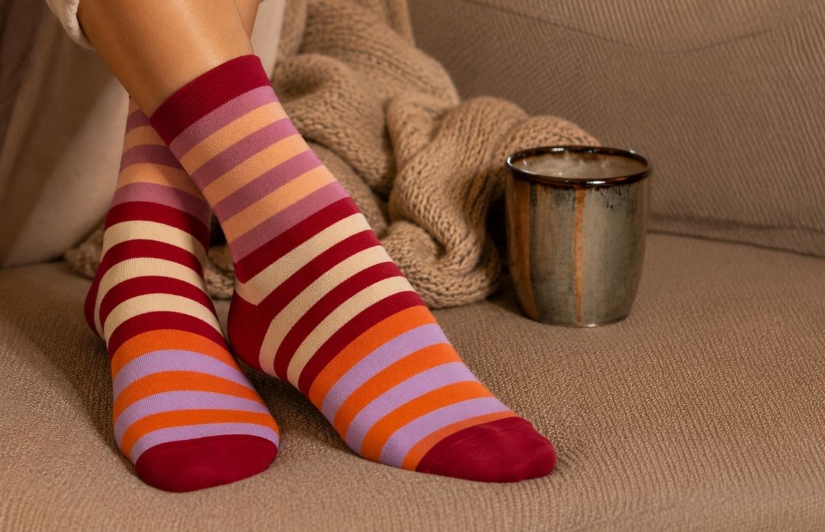 Zwei Füße tragen bunte, gestreifte Socken in Dunkelrot, Creme, Orange und Lavendel und ruhen auf einem hellbraunen Sofa. Eine beige Strickdecke liegt im Hintergrund, neben einer rustikalen Keramiktasse. Die Szene strahlt Gemütlichkeit aus.