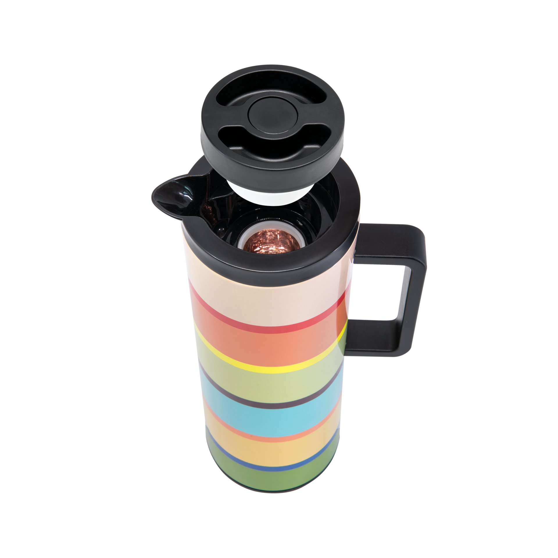 A colourful thermos flask with horizontal stripes in beige, red, yellow, green, turquoise and orange. The black lid, which comes off easily, hovers above the opening, featuring a shiny copper-coloured insert. Black handle on the side. White background.