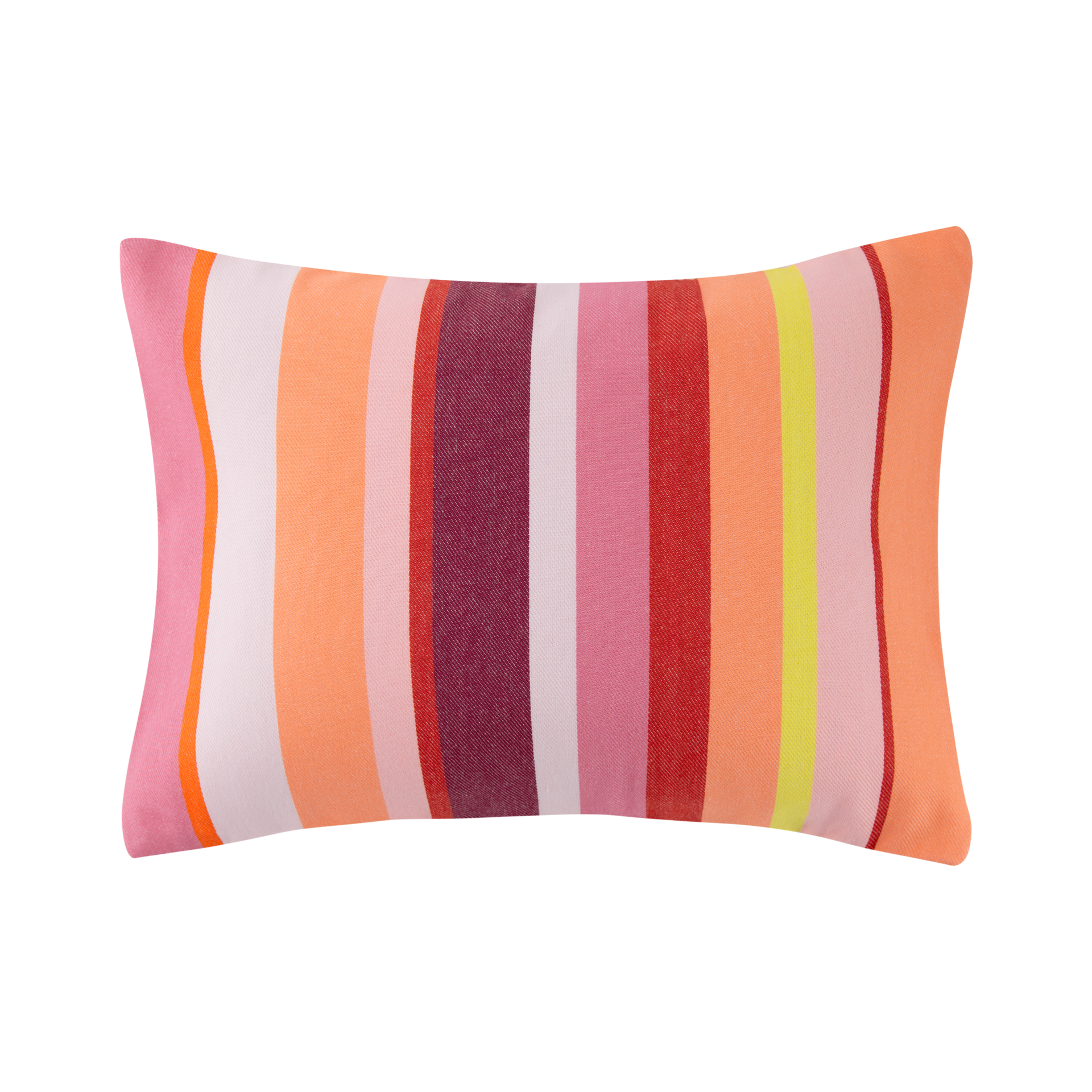 Cojín rectangular de algodón con rayas en tonos rosa, naranja y rojo sobre fondo blanco.