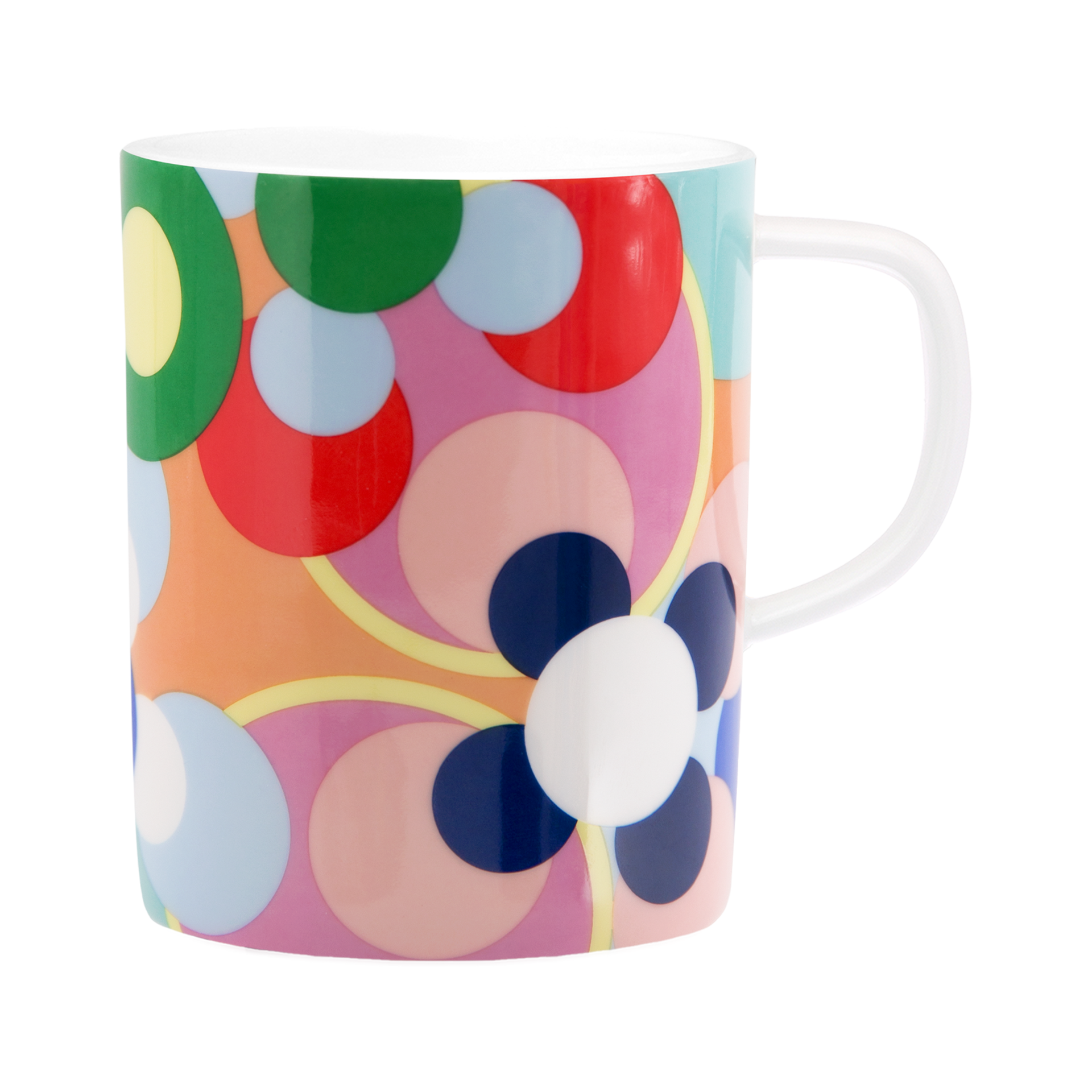 A porcelain cup with handle, decorated with a colourful circle pattern in yellow, green, red, pink and blue.
