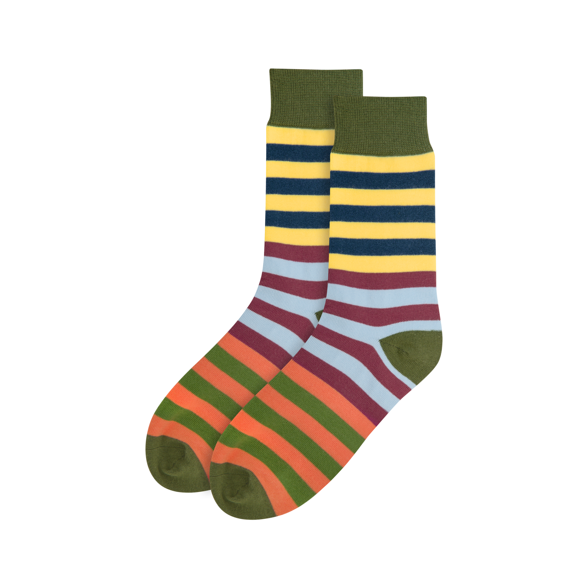 Gestreifte Socken mit buntem Muster aus horizontalen Streifen. Farben: Olivgrün am Bund, an Ferse und Spitze; dazu Gelb, Dunkelblau, Hellblau, Burgunderrot und Orange am Bein. Weich, dehnbar, Gr. 41-46.