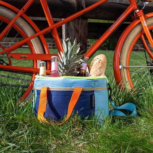 Eine blaue und hellblaue Kühltasche mit orangefarbenen Henkeln steht im grünen Gras. Sie ist mit Ananas, Baguette und drei kleinen Limonadenflaschen gefüllt. Im Hintergrund sieht man ein orangefarbenes Fahrrad und einen Holzpfosten.