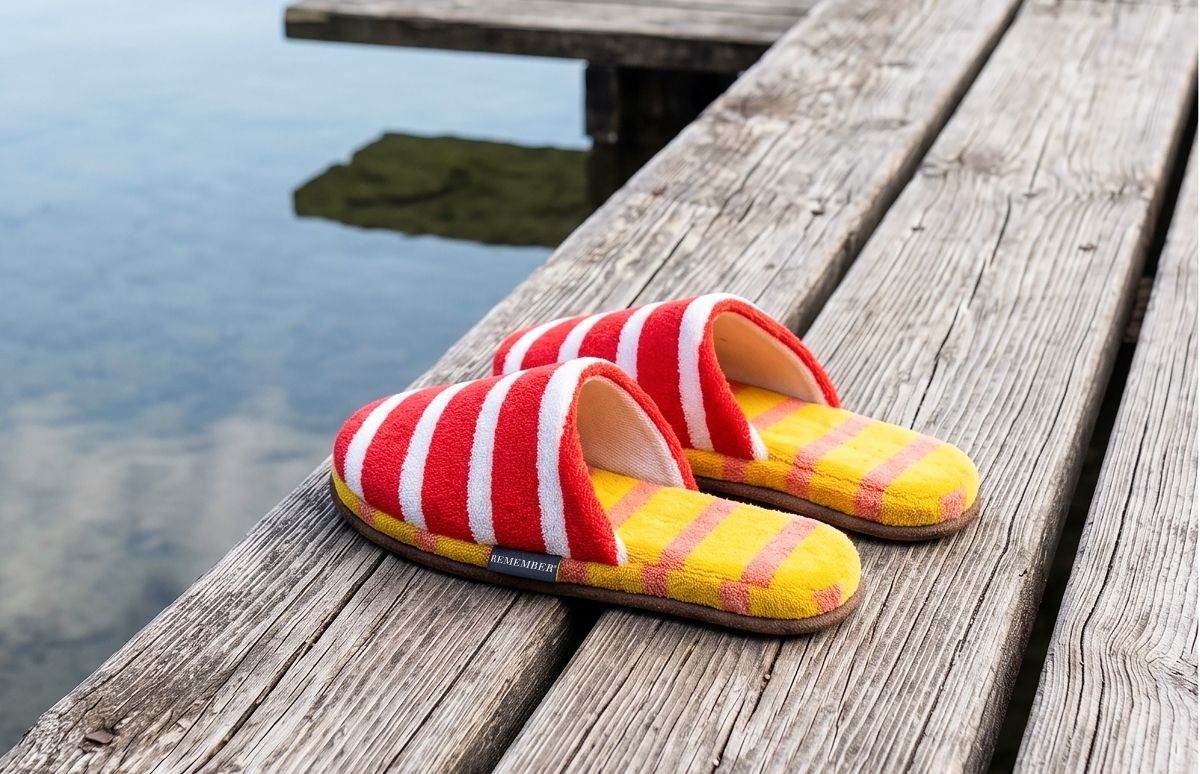 Farbenfrohe Hausschuhe liegen auf einem hölzernen Bootssteg. Vorn sind sie rot-weiß gestreift, Fußbett und Seiten gelb mit feinen orangefarbenen Querstreifen. Im Hintergrund spiegelt sich der Himmel im ruhigen, blaugrünen Seewasser.
