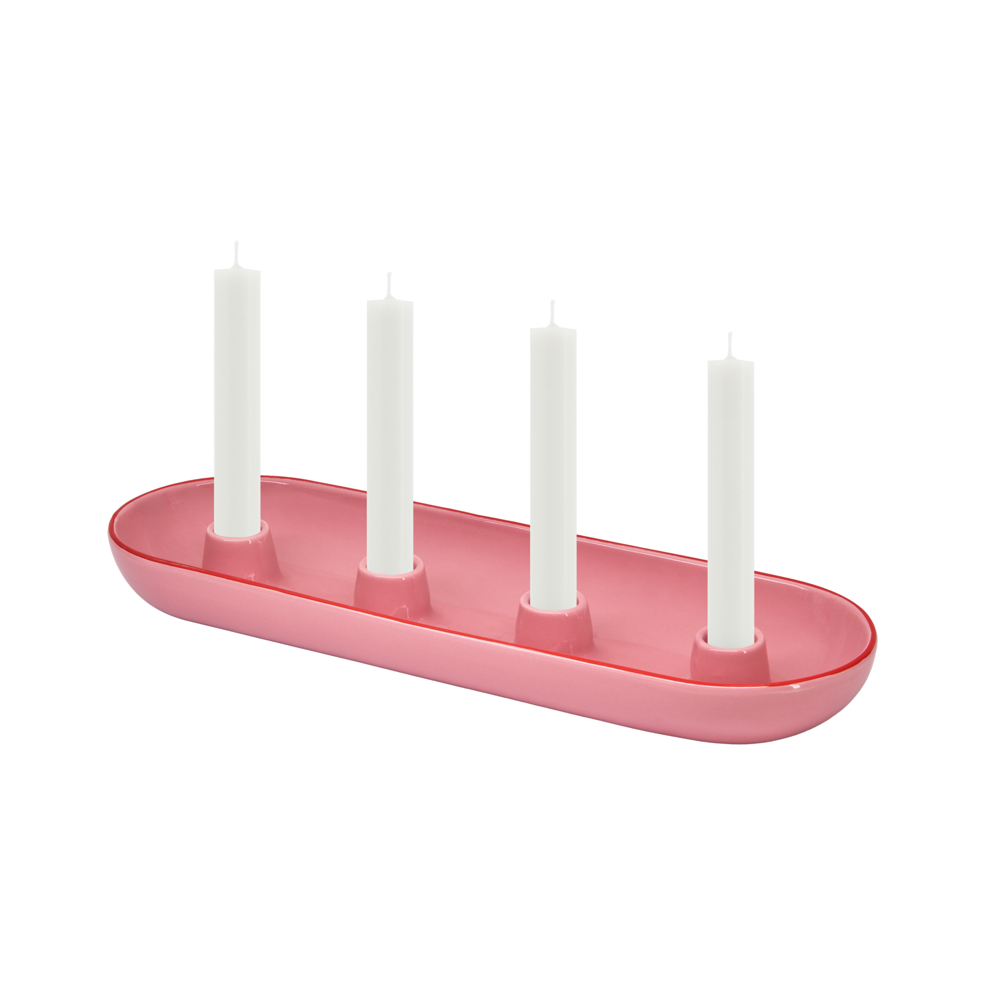 Coupe ovale rose pour couronne de l'Avent « Lucia », en céramique de dolomite brillante, avec quatre supports intégrés. Livrée avec quatre bougies blanches non allumées. Moderne et sobre, idéale pour une décoration de Noël festive.