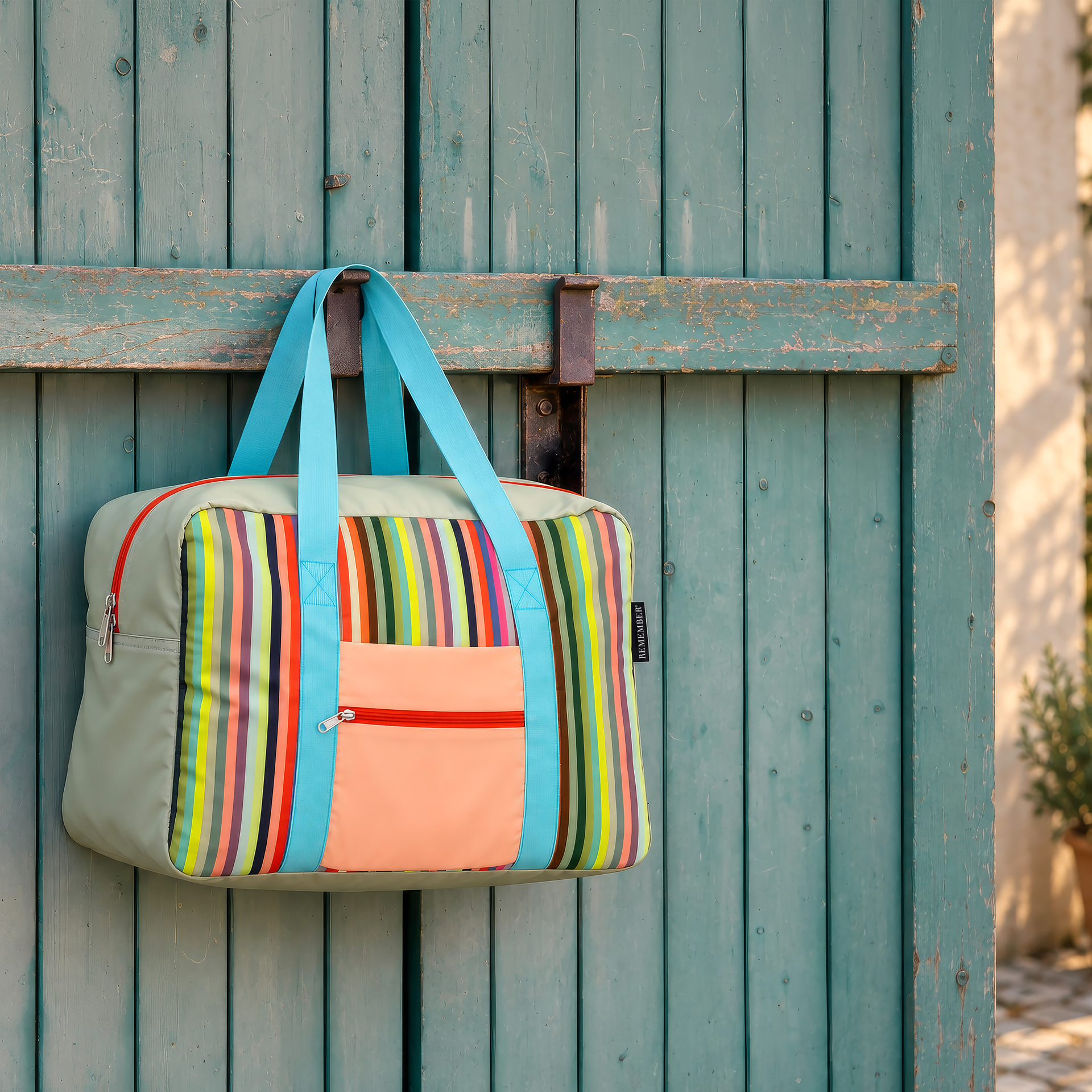 Rechteckige Reisetasche „Milano“ in hellem Grüngrau mit bunten vertikalen Streifen. Peachfarbene Außentasche vorn mit rotem Reißverschluss. Hellblaue Tragegurte und Hauptreißverschluss mit zwei Zippern. Glänzend, leicht.