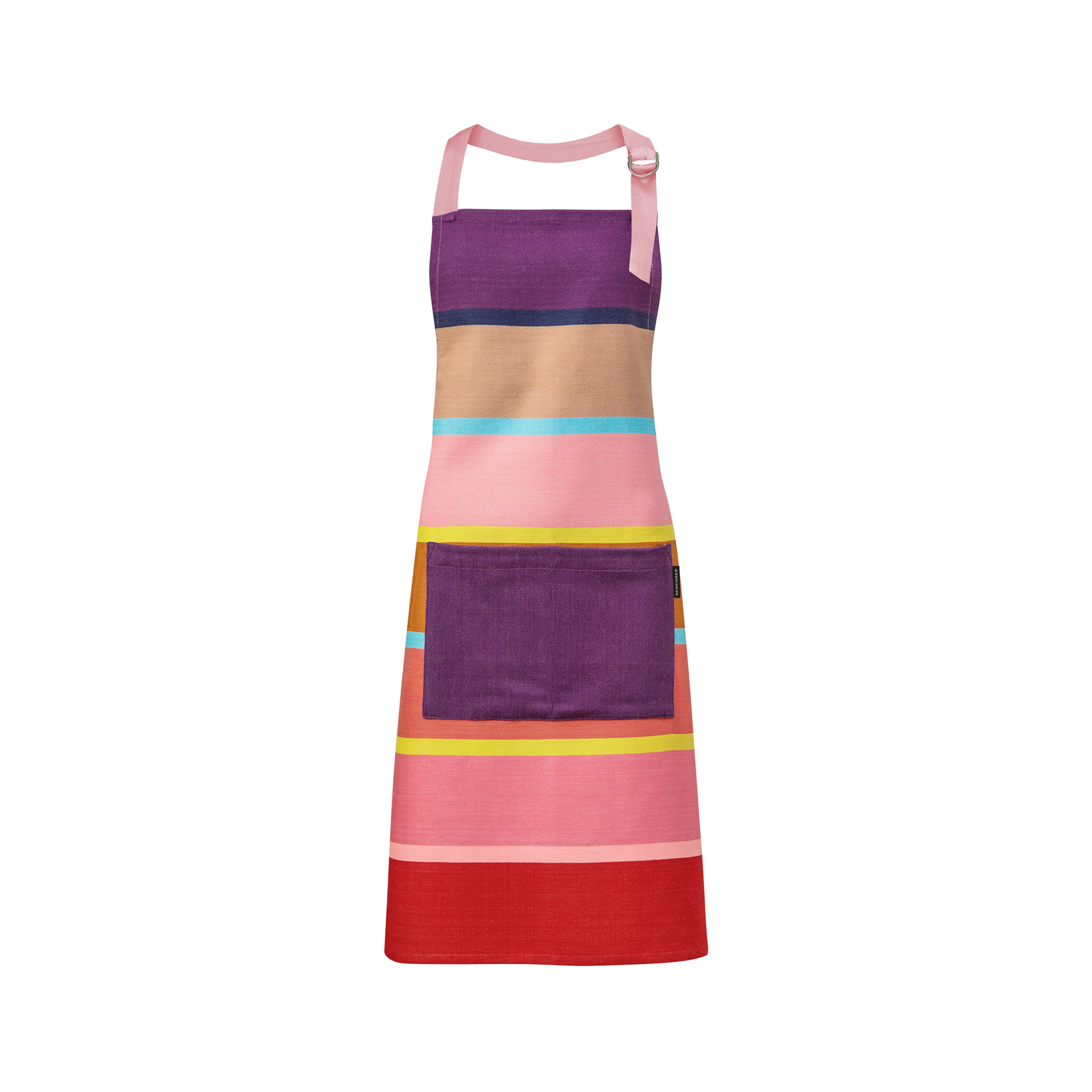 Tablier en coton « Costa rossa » à coupe verticale, avec larges rayures horizontales vives : violet, beige, bleu clair, rose, jaune et rouge. Cordon rose réglable à la nuque (anneau métal) et grande poche avant violet foncé.