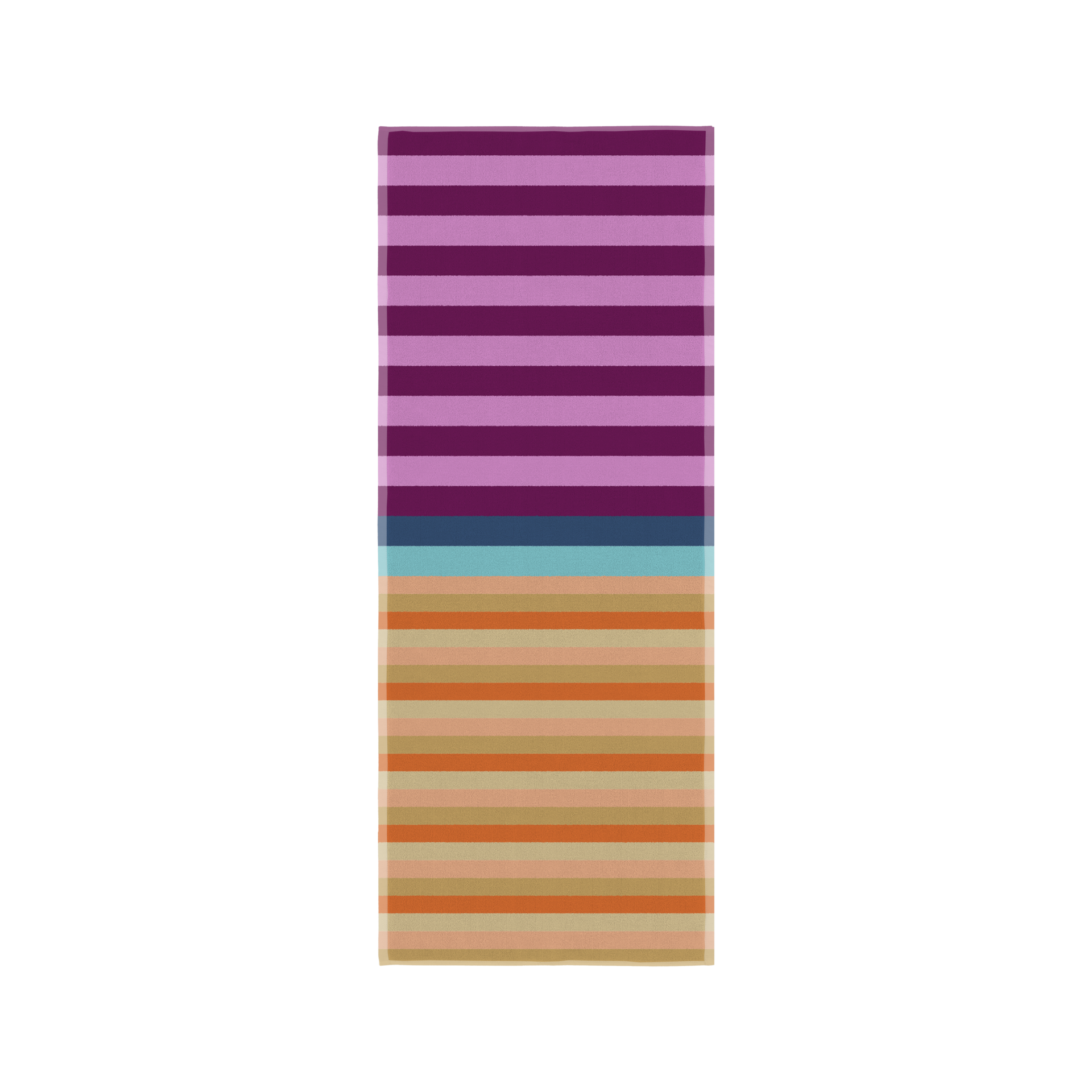 Telo da bagno Alva piegato verticalmente con strisce trasversali colorate: in alto lilla scuro e chiaro, poi blu scuro e turchese chiaro; in basso arancione e beige. Extra large, soffice e morbido.