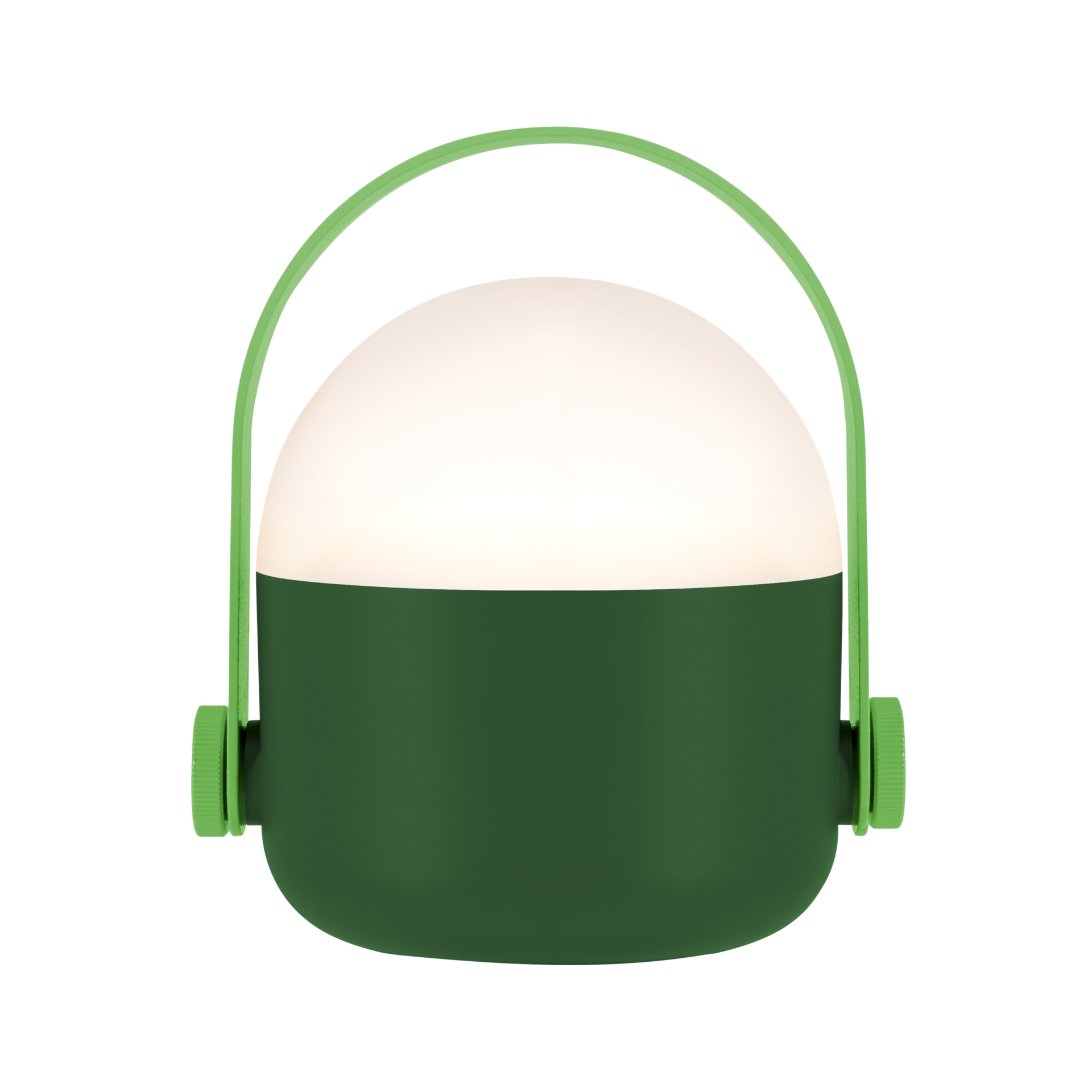 Una lámpara portátil verde con asa. La parte superior de la lámpara es clara, mientras que la parte inferior es de color verde oscuro. En los laterales hay botones giratorios verdes.