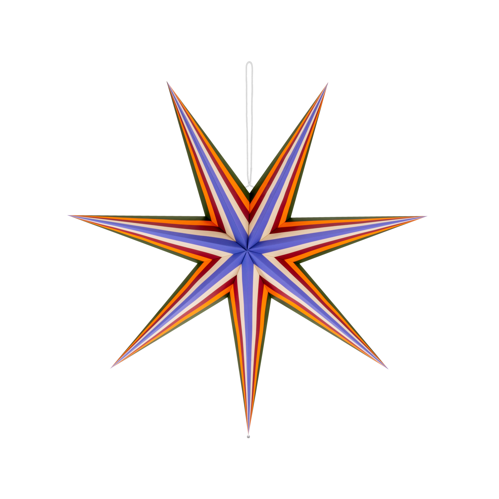 Colourful eight-pointed paper star ‘Mira’ against a white background. Points and centre feature stripes in dark green, orange, red, beige and light blue. White cord at the top, silver cord stopper at the bottom. Ideal for windows and walls.