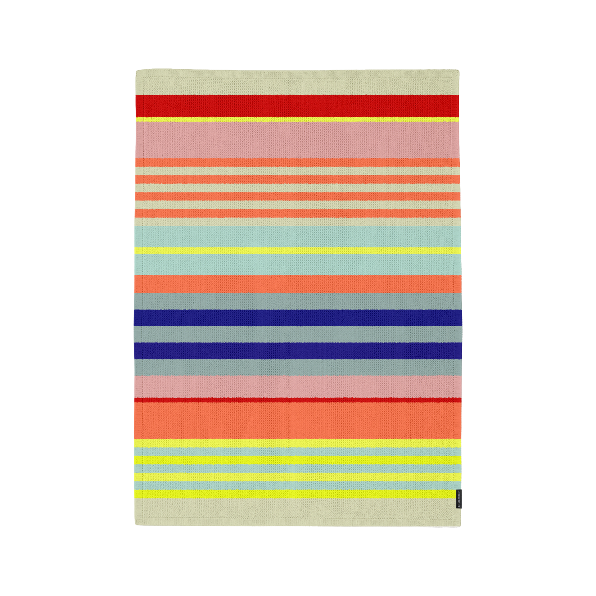 Couverture en coton tricoté, douce, motif vertical, rayures colorées. Rayures horizontales de largeurs et nuances variées : beige, rouge, jaune, rose, orange corail, turquoise, bleu-gris et bleu foncé.