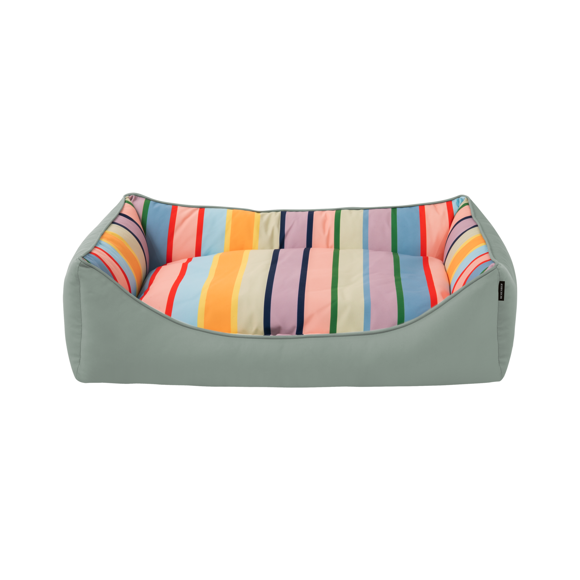 Großes Hundebett „Lotta L“ mit robustem hellgrau-grünem Außenmaterial und herausnehmbarem Kissen. Das Kissen ist bunt gestreift mit vertikalen Streifen in Rot, Blau, Gelb, Orange, Grün, Pink und Lila.