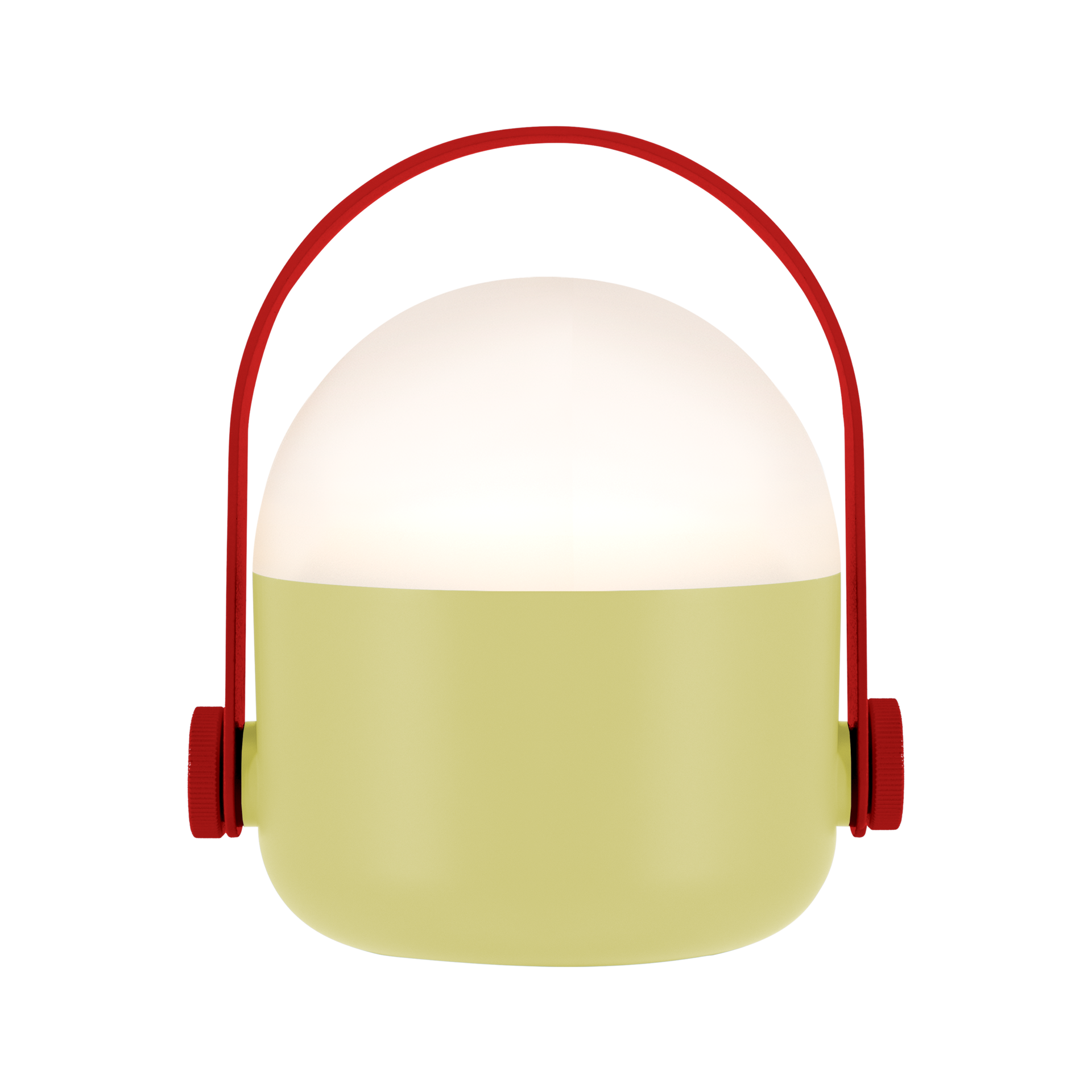 Vrijstaande, draagbare Ole-lamp in zand met rood handvat. Het licht is ingeschakeld en schijnt warm wit.