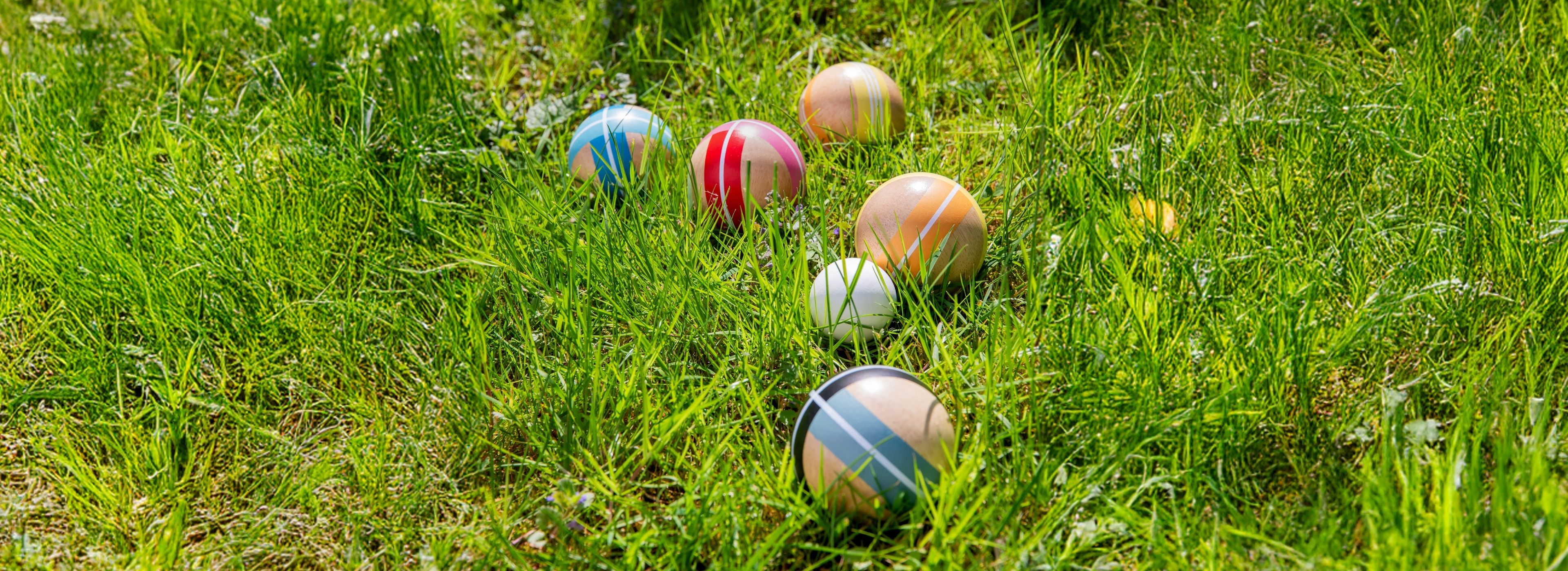 Mehrere bunte Holzkugeln mit Streifenmustern liegen verstreut auf leuchtend grünem Gras im Sonnenlicht. Eine blaue, rote, gelbe, orange, schwarz-graue und weiße Kugel sind zwischen langen Grashalmen eingebettet.