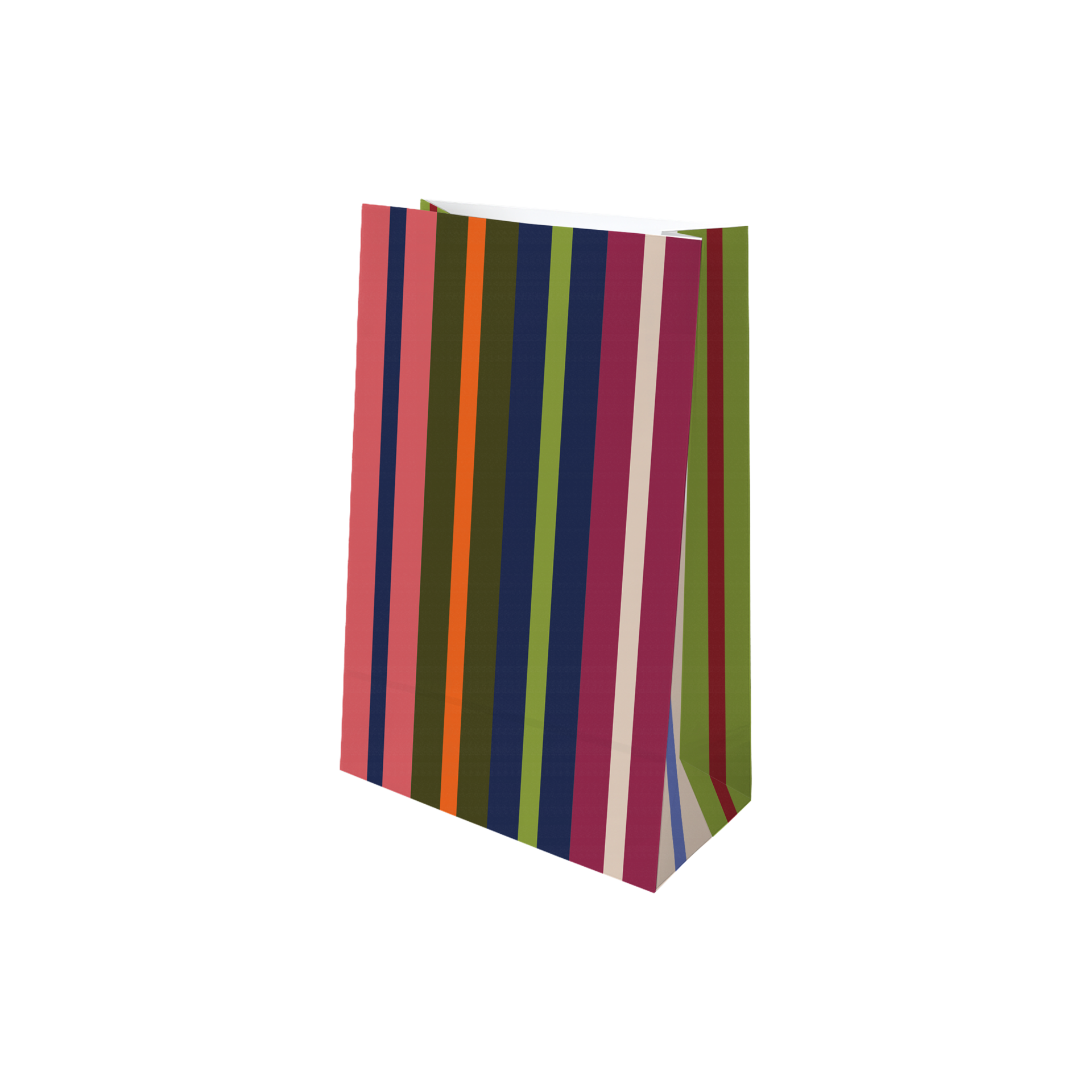 Bolsa de papel vertical con estampado de rayas de colores: líneas en rojo coral, naranja, verde oliva, azul oscuro, verde lima, magenta, beige y rojo oscuro. Ligeramente inclinada y abierta arriba, lista para calendario de Adviento.