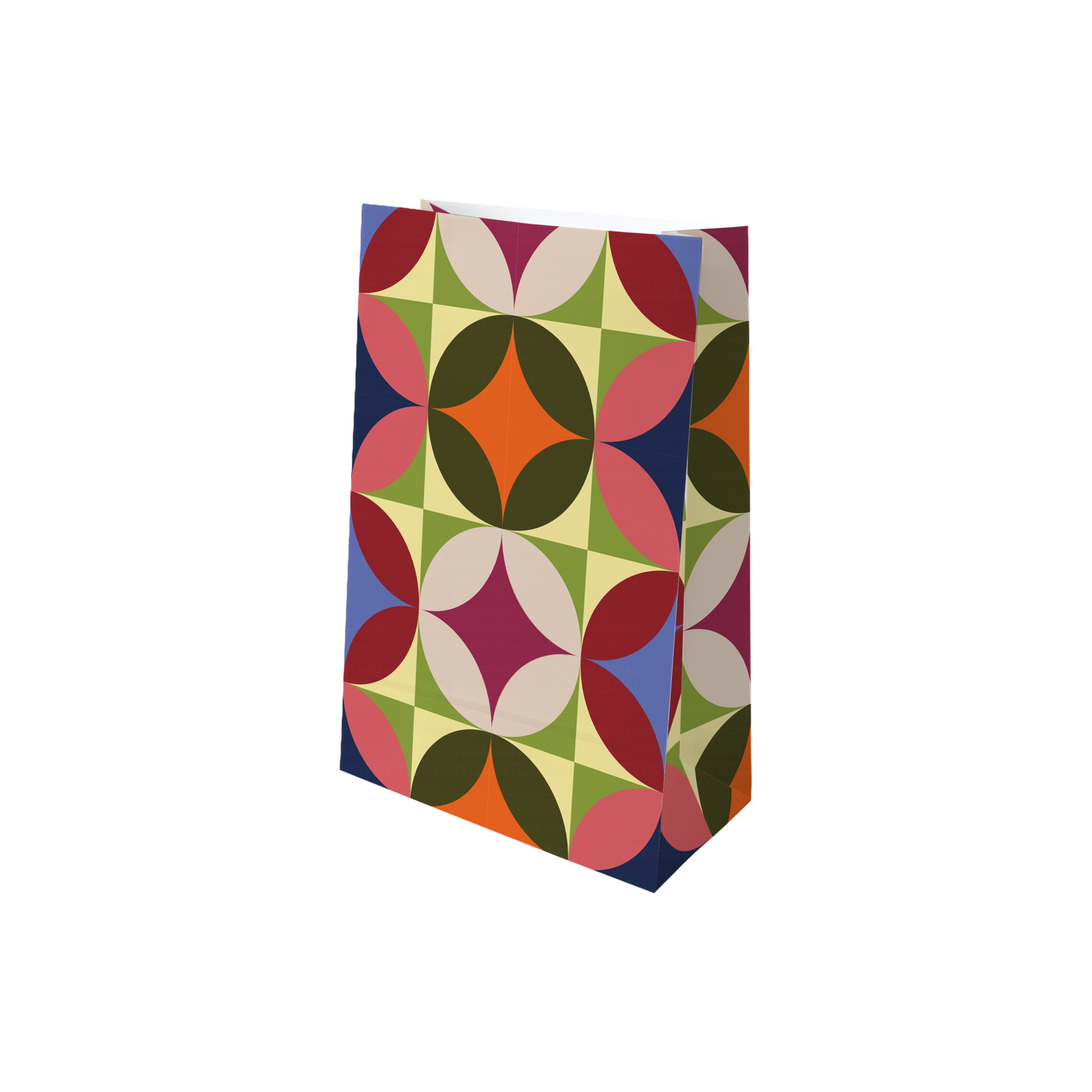 Bolsa de papel vertical con diseño geométrico alegre y colorido de círculos y cuadrados superpuestos en tonos azul oscuro y claro, rojo, rosa, verde oliva y claro, naranja, magenta y beige. Ideal para el calendario de Adviento.