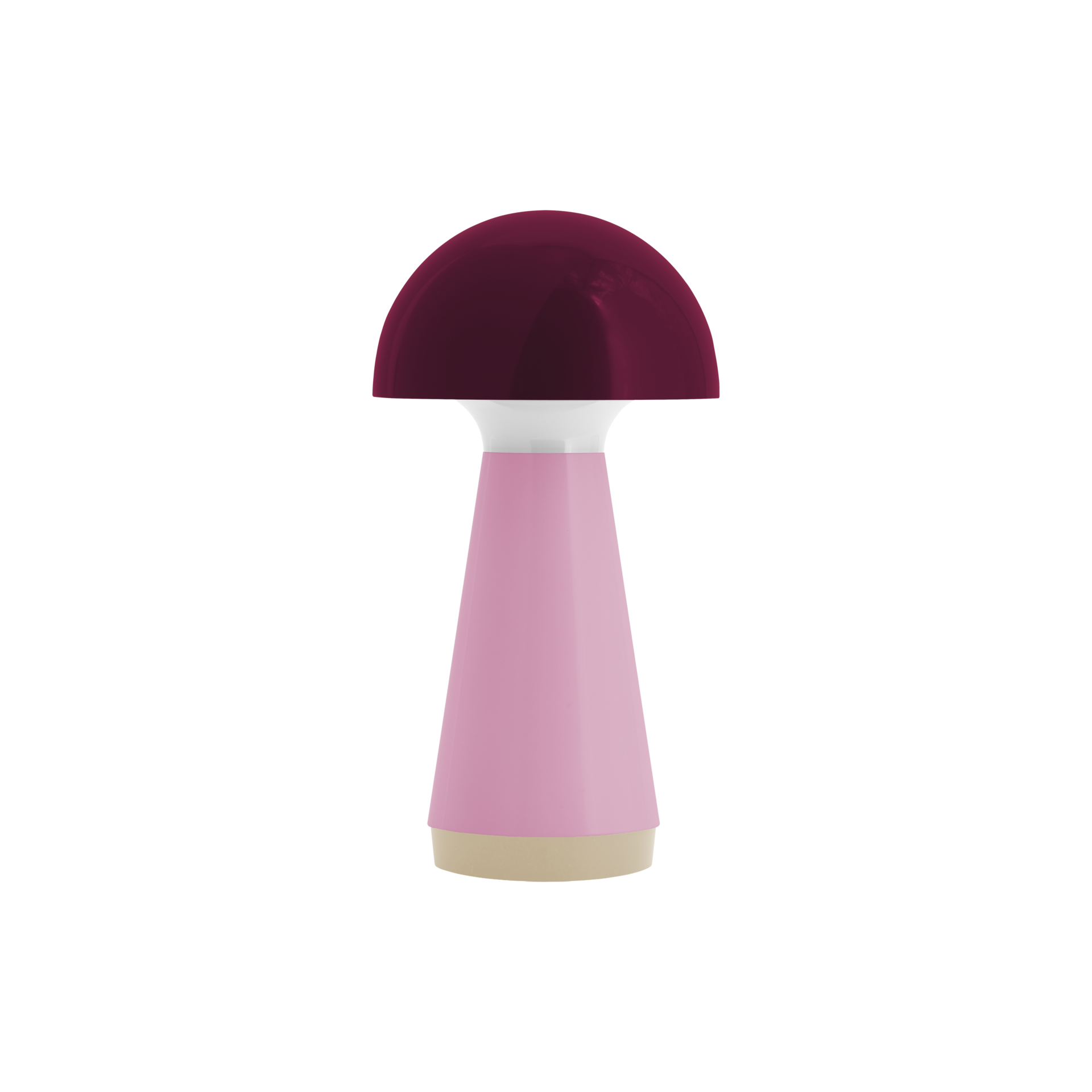 Kompakte Tischleuchte im pilzförmigen Design vor weißem Hintergrund. Glänzender beerenroter Leuchtkopf, kurzer weißer Hals. Konischer, hellrosa Korpus mit schmalem beigem Rand unten. Kabellose LED Bobbi, dimmbar, spritzwassergeschützt.