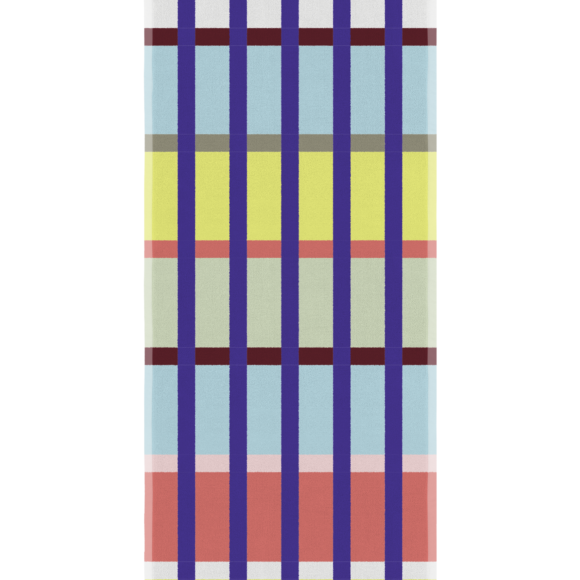 Yoku Badetuch mit farbenfrohem Karomuster. Breite dunkelblaue Längsstreifen kreuzen sich mit horizontalen Bändern in Weiß, Hellblau, Gelb, Rotorange und Beige-Grün. Flauschige Baumwolltextur, extragroß und saugfähig.