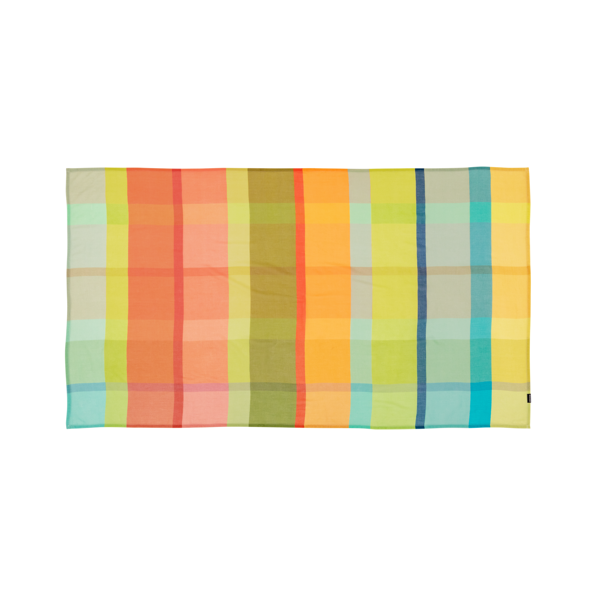 Un foulard à carreaux avec des rayures colorées en orange, vert, jaune, bleu et turquoise. Les couleurs sont claires et vives.