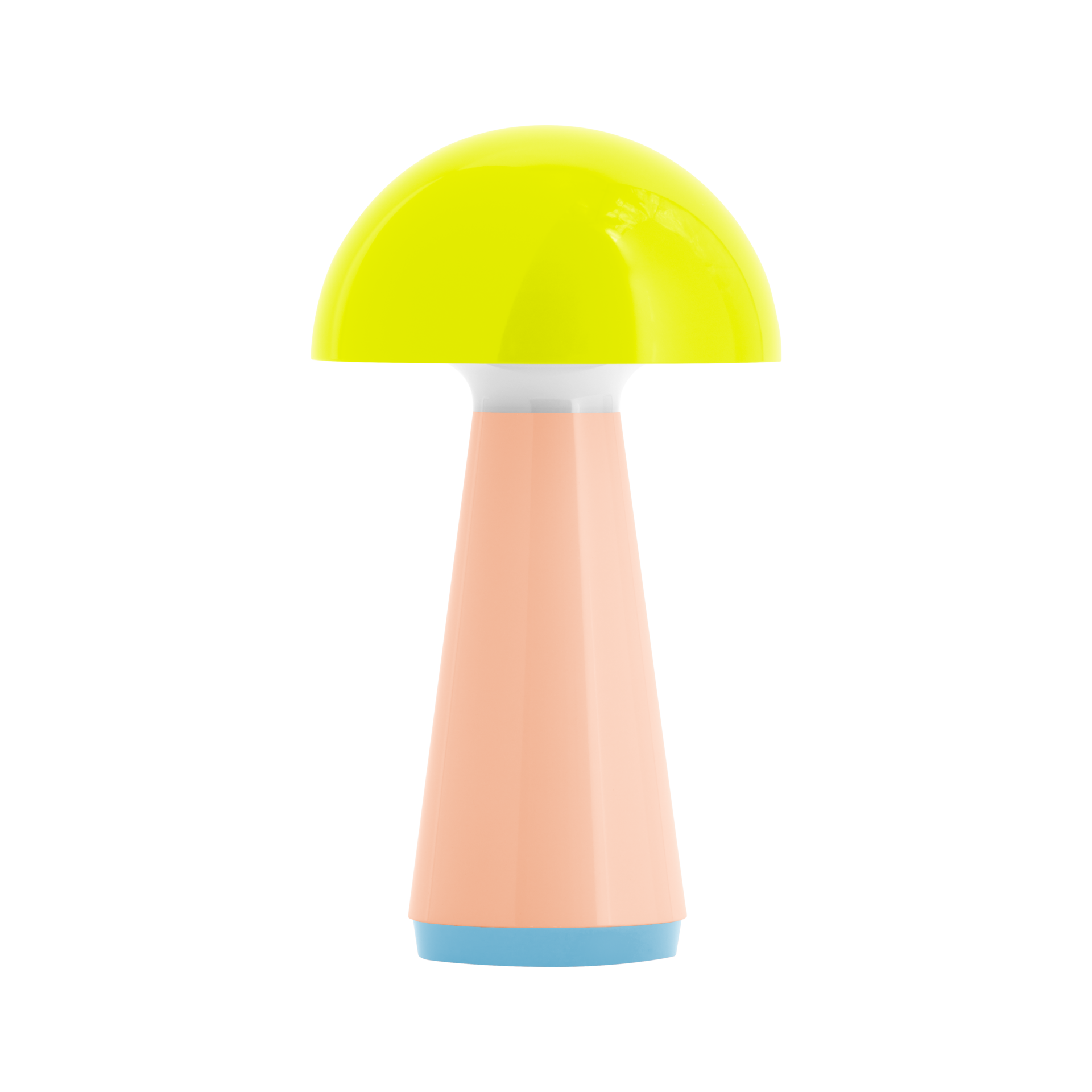 Lampada da tavolo a stelo "Bob" in verde lime, pesca e blu. Paralume a forma di fungo, base conica, design minimalista.