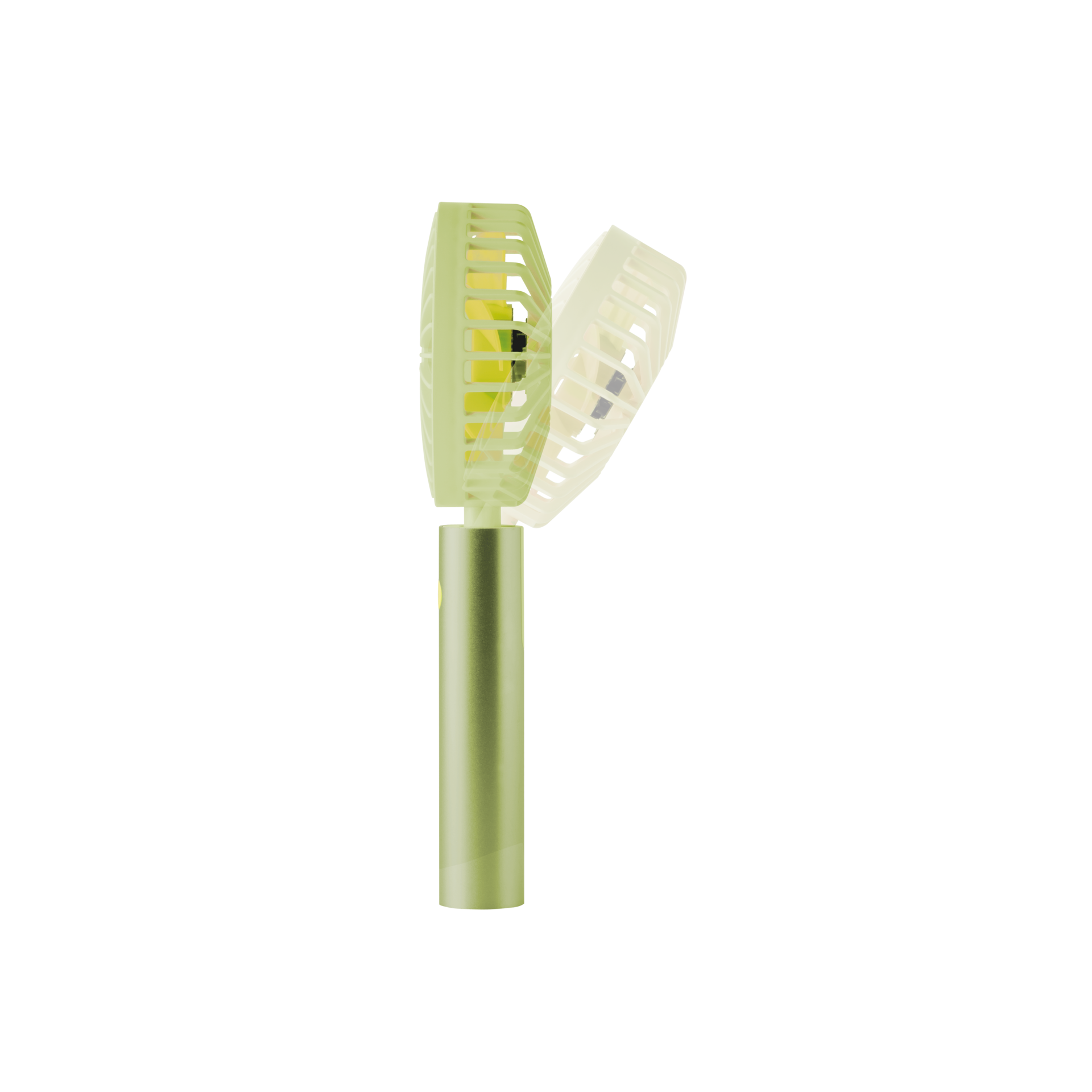 Un ventilateur vert Flow avec une tête pivotante. La tête du ventilateur est représentée une fois en utilisation et une fois pivotante.