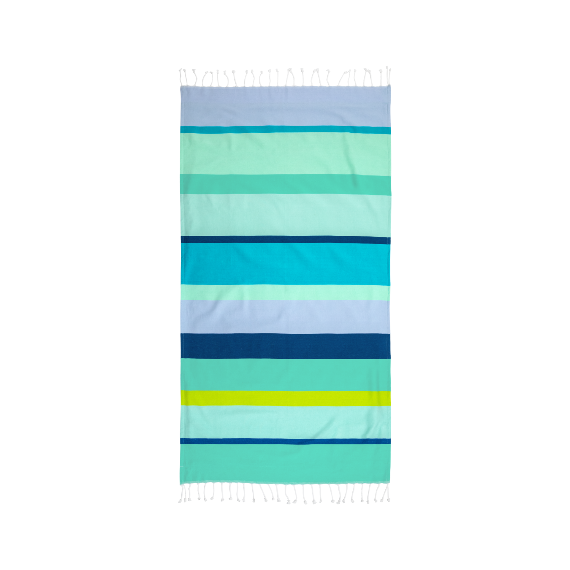 Una toalla de hammam «Elba» con rayas de colores en tonos azules, verdes y amarillos. La toalla tiene flecos en ambos extremos.
