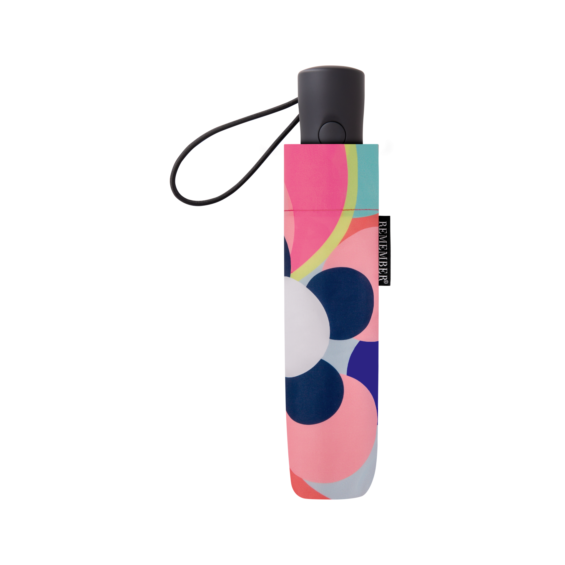 Paraguas plegable «Sushi» con círculos de colores, correa para la muñeca y botón para abrirlo y cerrarlo.