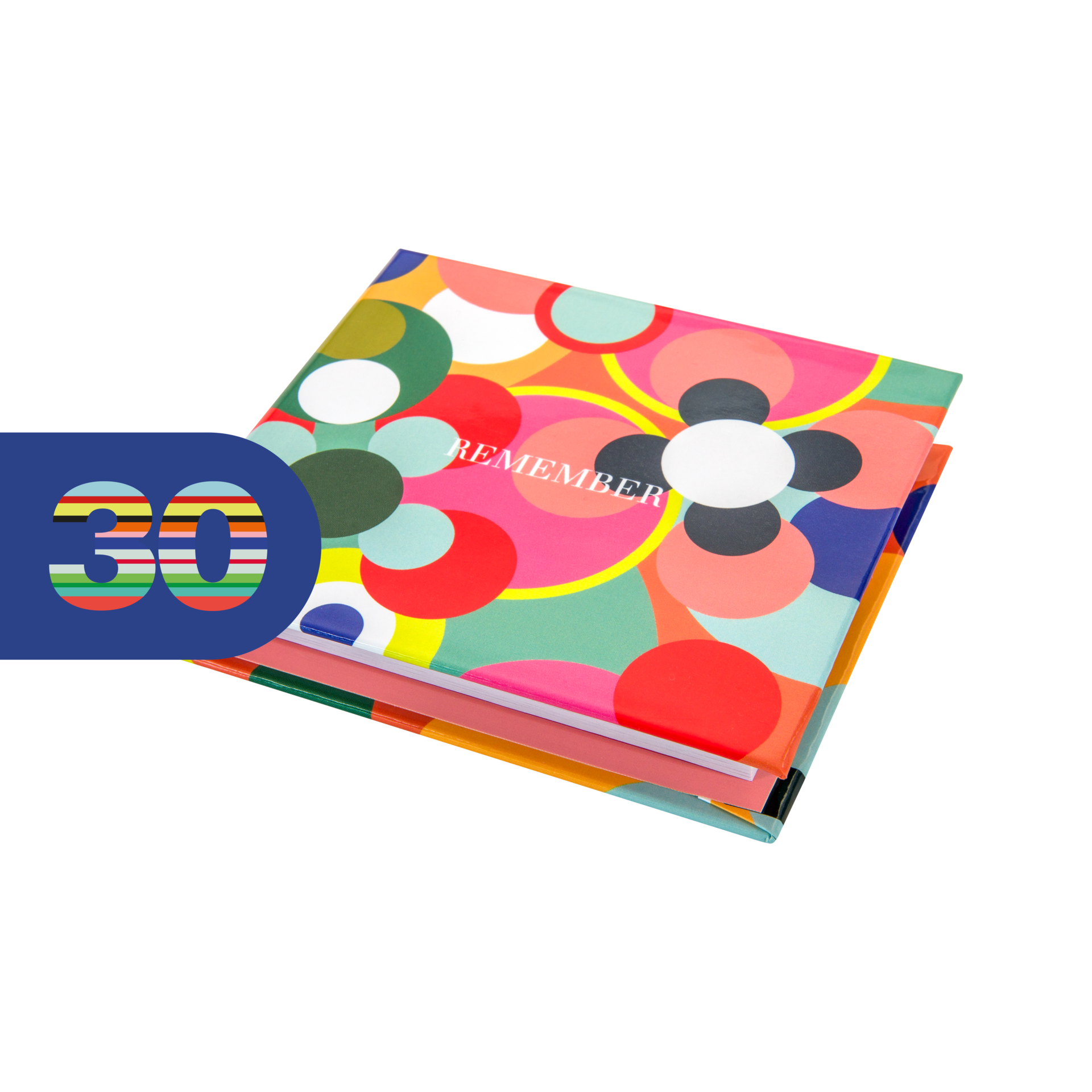 Stapel bunter Memolino Haftnotizblöcke. Oben ein lebhaftes, abstraktes Muster aus farbigen Kreisen in Pink, Grün, Orange, Rot, Gelb und Blau. In der Mitte steht „REMEMBER“. Links blau „30“ in Streifen.