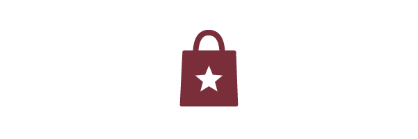 Eine stilisierte, dunkelrote Einkaufstasche mit zwei Henkeln und einem großen, weißen Stern in der Mitte. Die Tasche ist auf einem weißen Hintergrund isoliert dargestellt und symbolisiert möglicherweise Einkaufen, Belohnungen oder besondere Angebote.