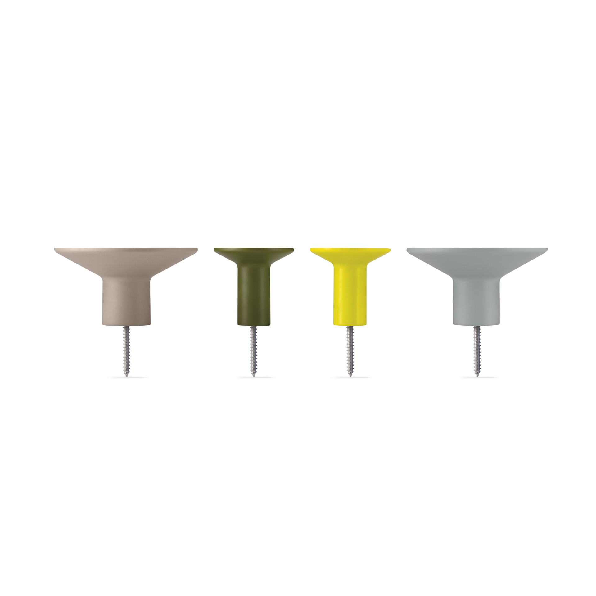 Four 'Tulip' wall hooks in beige, olive, yellow and grey, each with a screw, lined up next to each other against a white background.
