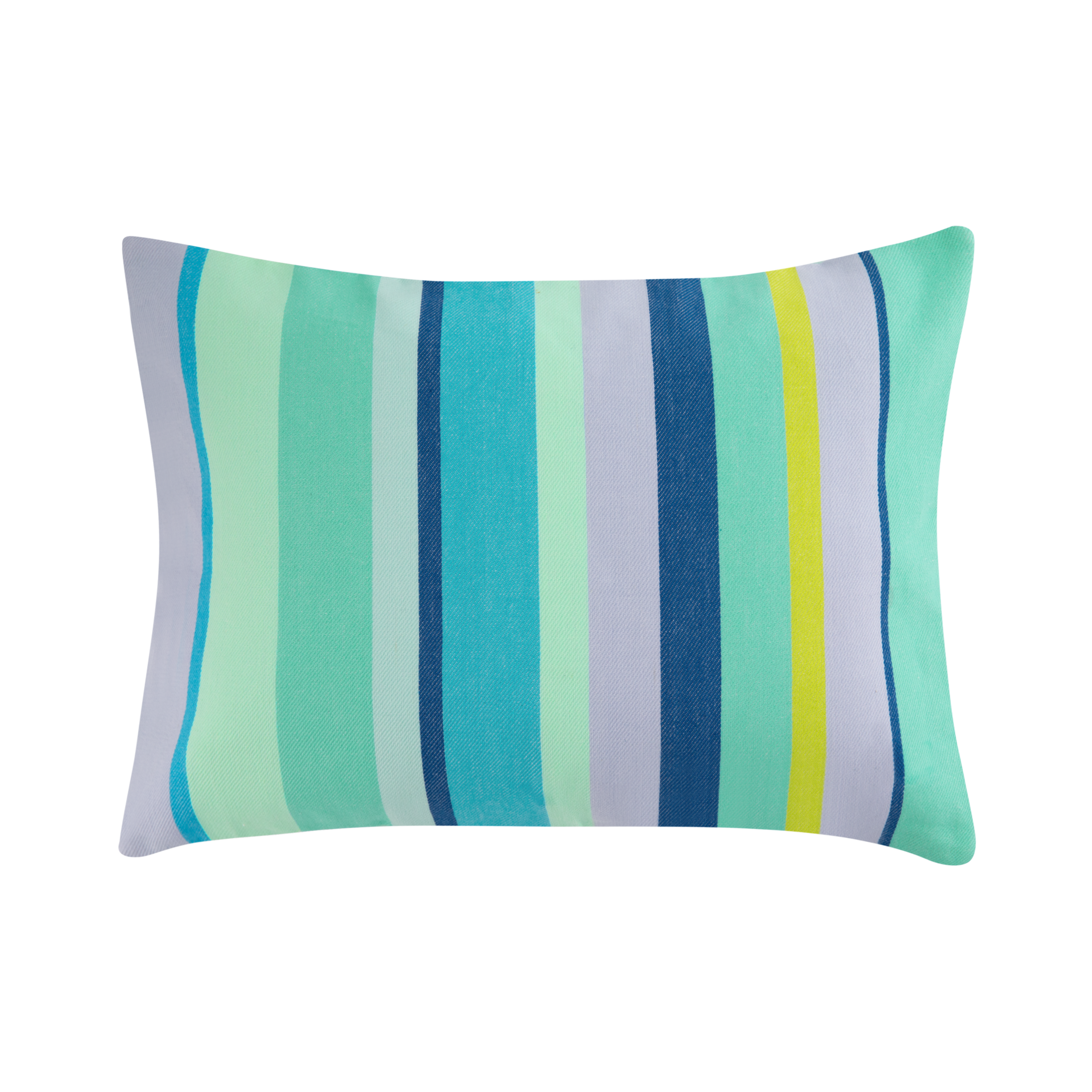 Cojín rectangular de algodón «Elba» con rayas en azul, verde, amarillo y gris sobre fondo blanco.