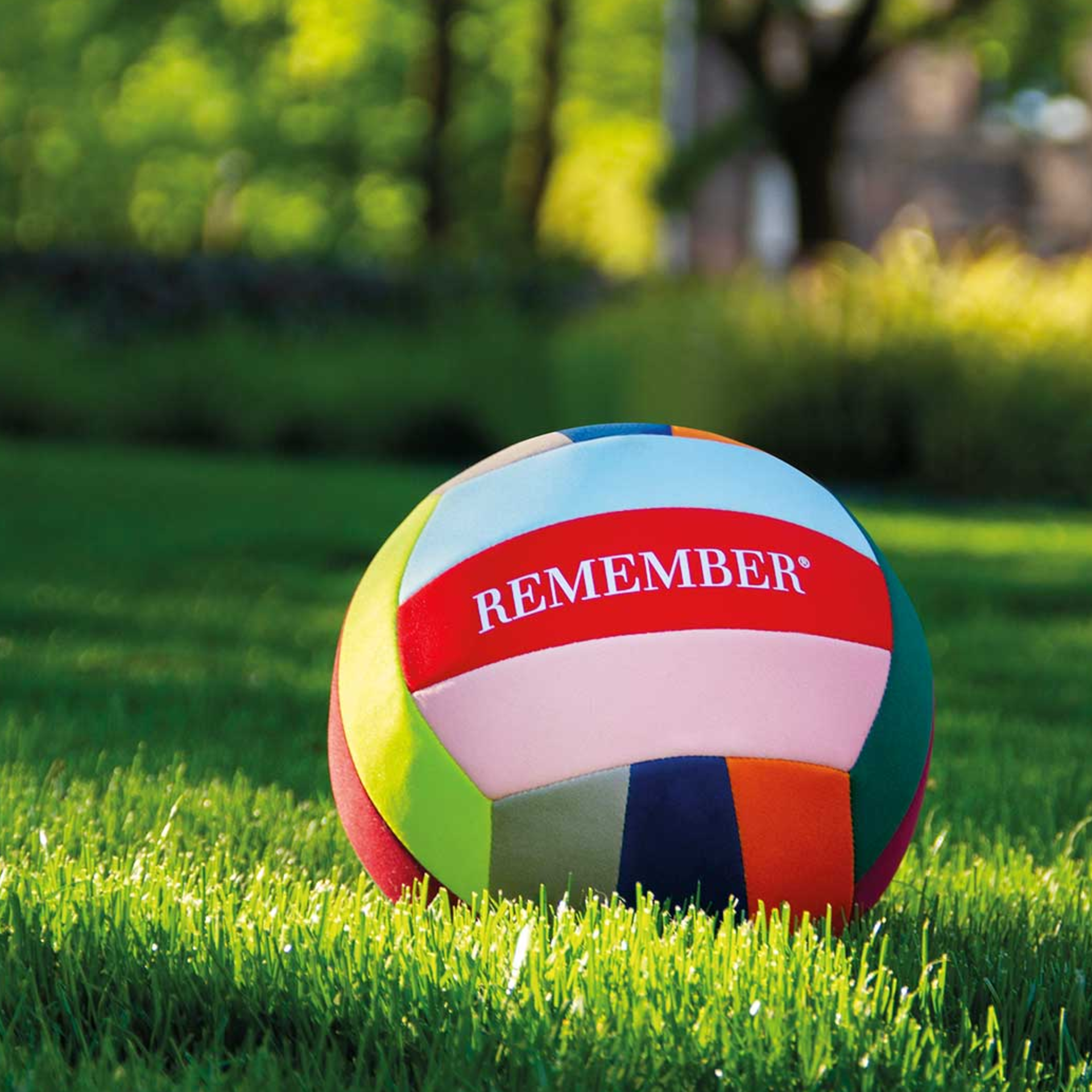 A colourful leisure ball lies in the green grass. "REMEMBER" is written in white on the ball. Trees can be seen in the background.