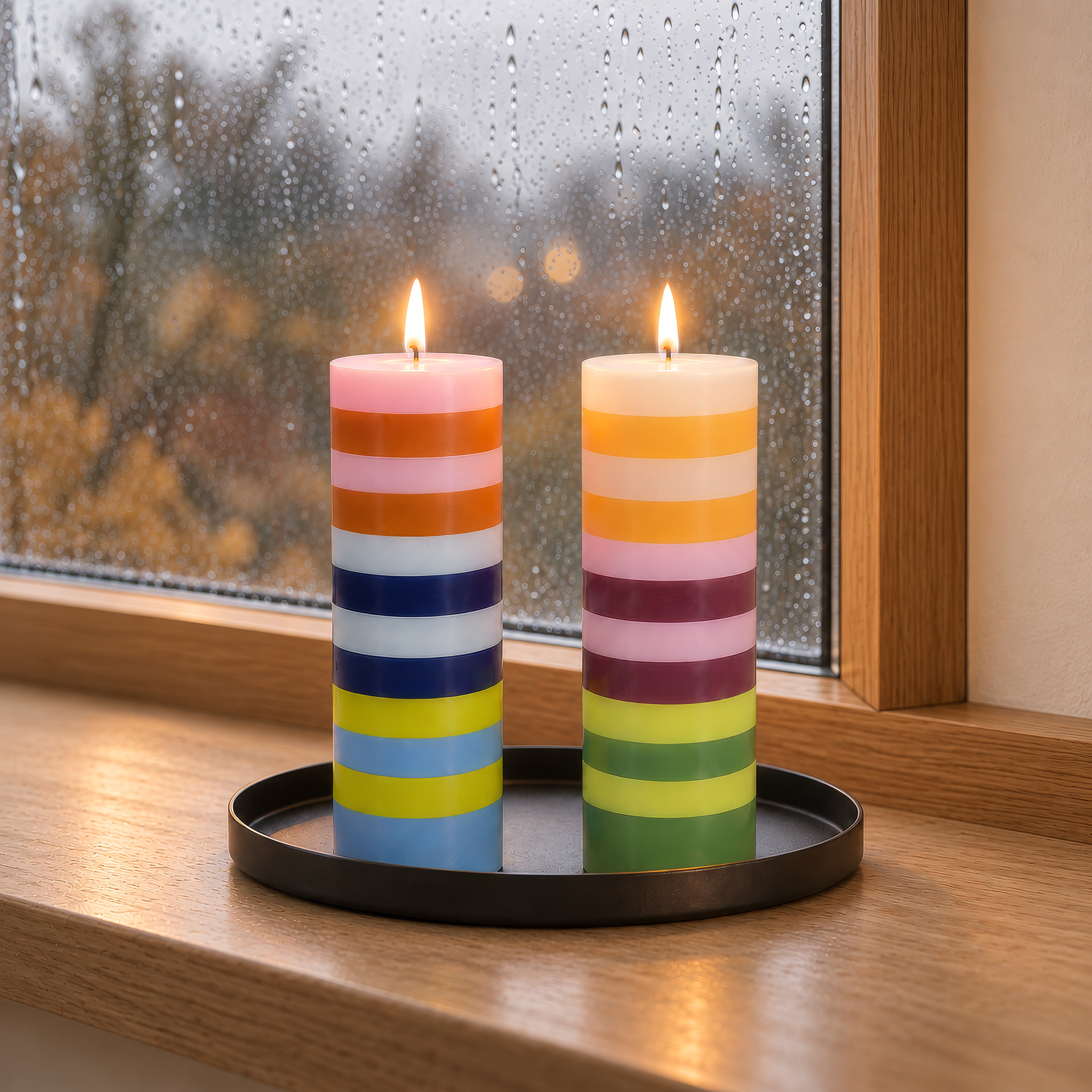 Deux bougies cylindriques allumées « Pisa » sur un plateau noir, sur un rebord de fenêtre en bois. Rayées : l'une rose/orange/bleu/jaune, l'autre crème/jaune/rose/rouge/vert. Fenêtre mouillée par la pluie.