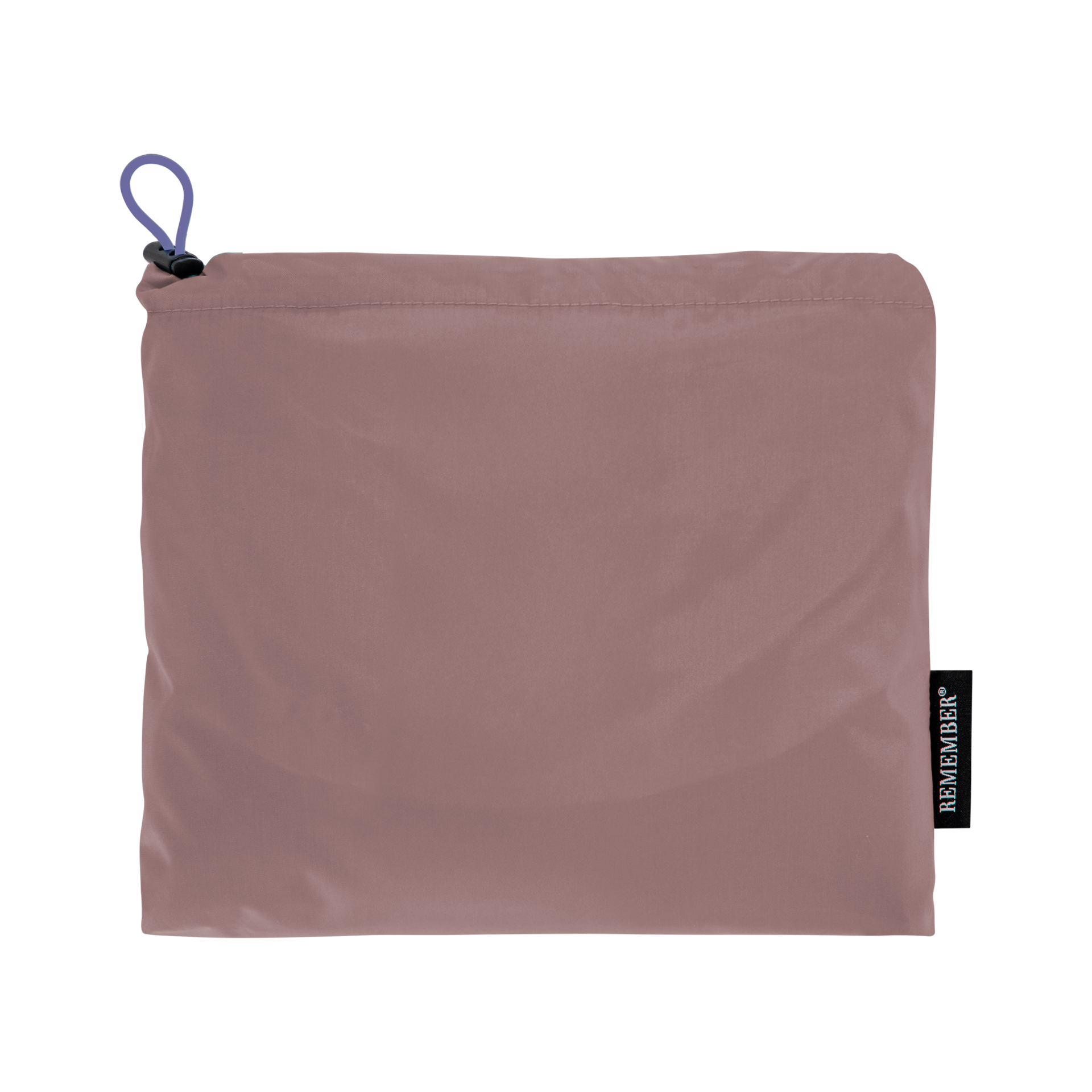Un pequeño bolso rectangular de color rosa con una cinta de cierre morada y una etiqueta negra con la inscripción «REMEMBER ».