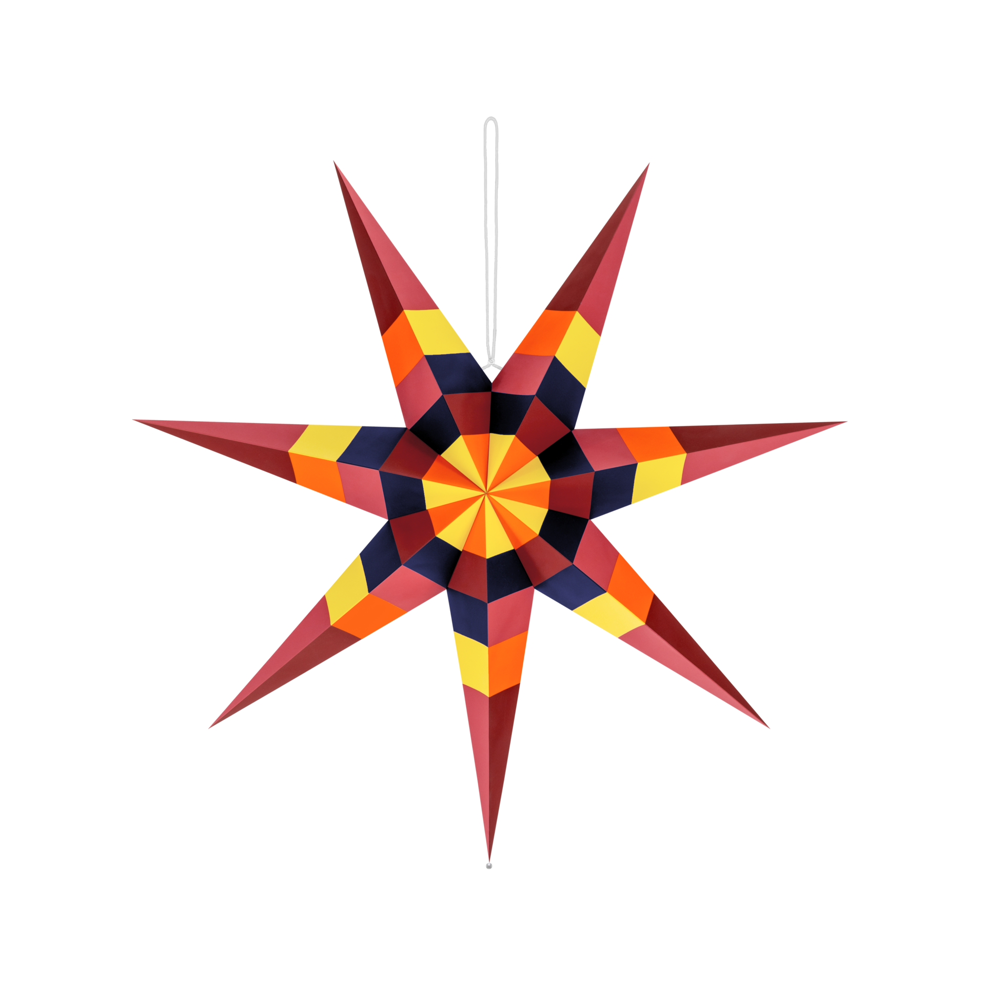 A colourful paper star with seven jagged points, featuring a surface of many folded geometric shapes in red, orange, yellow, dark blue and pink. A radial pattern radiates from the centre. A white cord at the top, a silver stopper below.