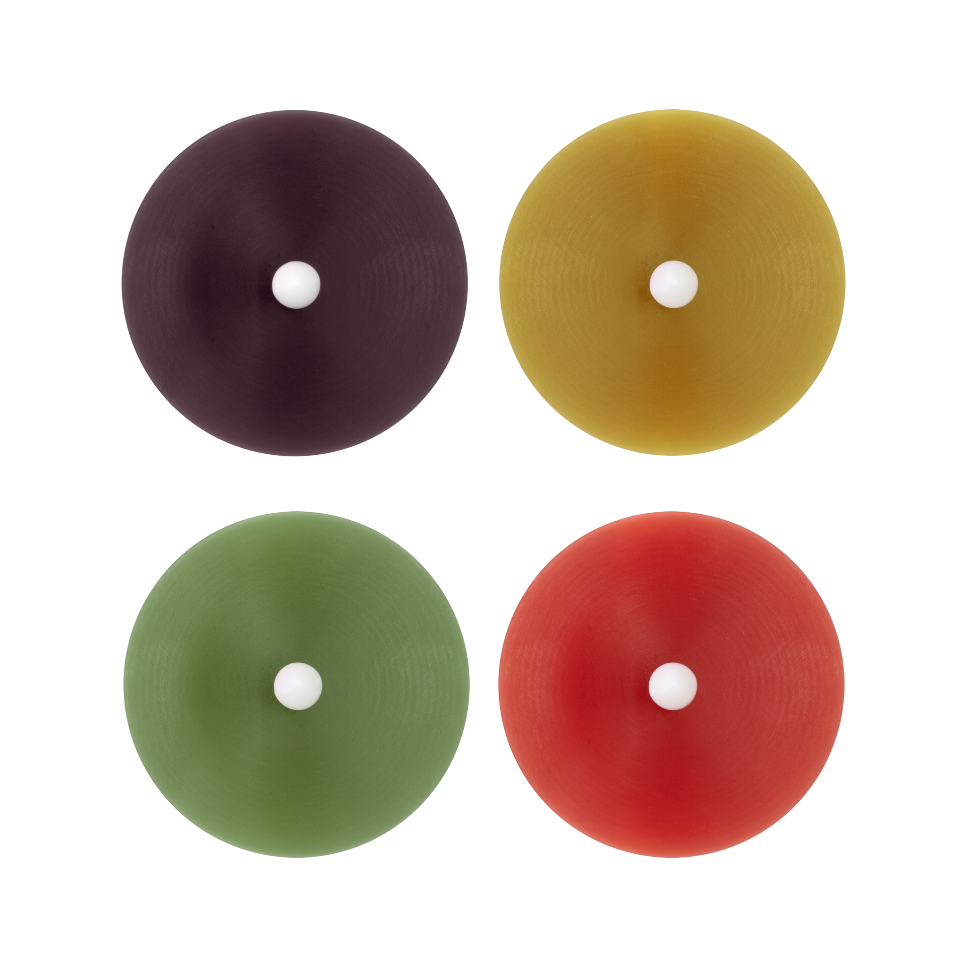Vier LED theelichtjes in een set, in paars, geel, groen en rood, elk met een witte stip in het midden.