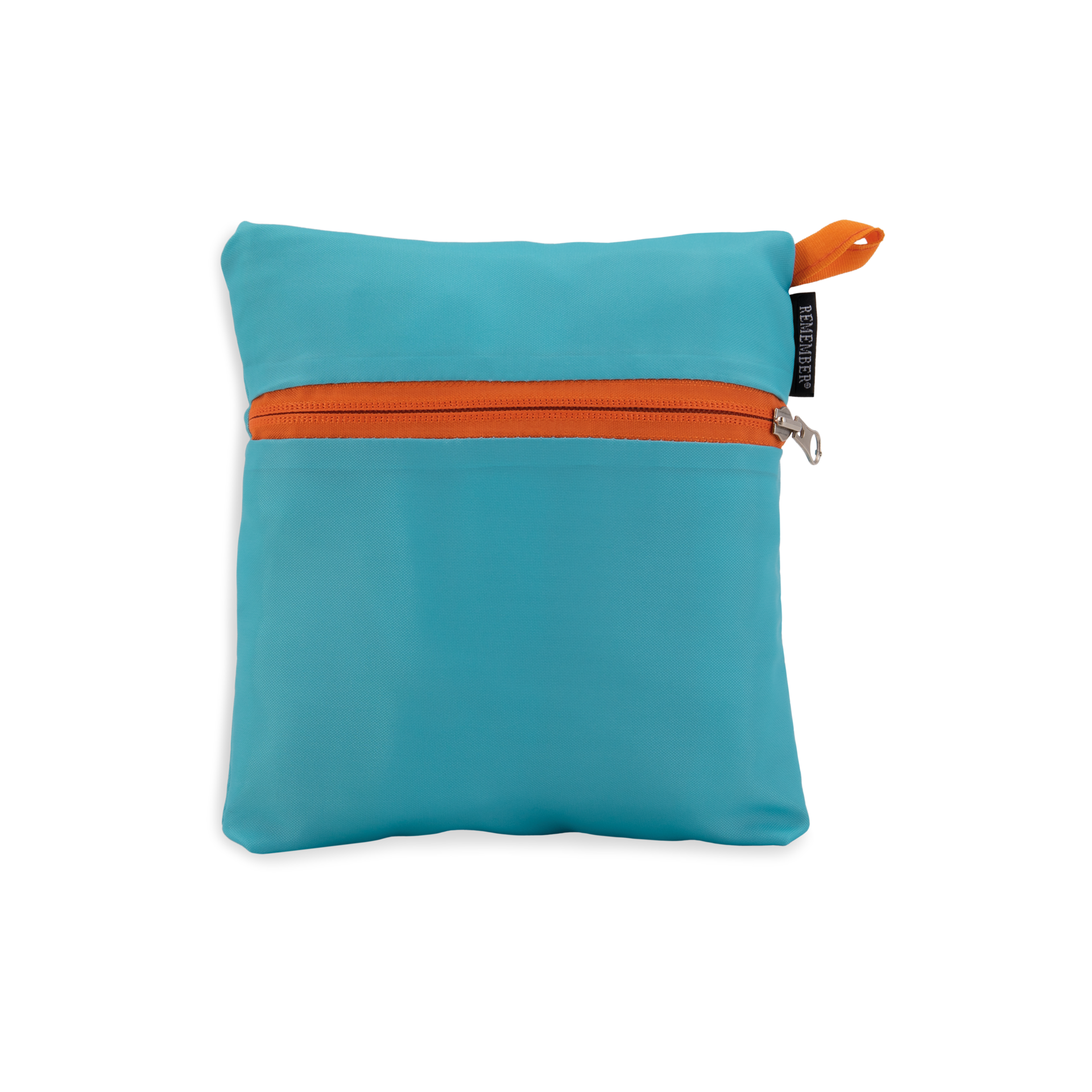 Borsa da viaggio "Tom" piegata, di colore turchese, con cerniera e passante arancione, su sfondo bianco.