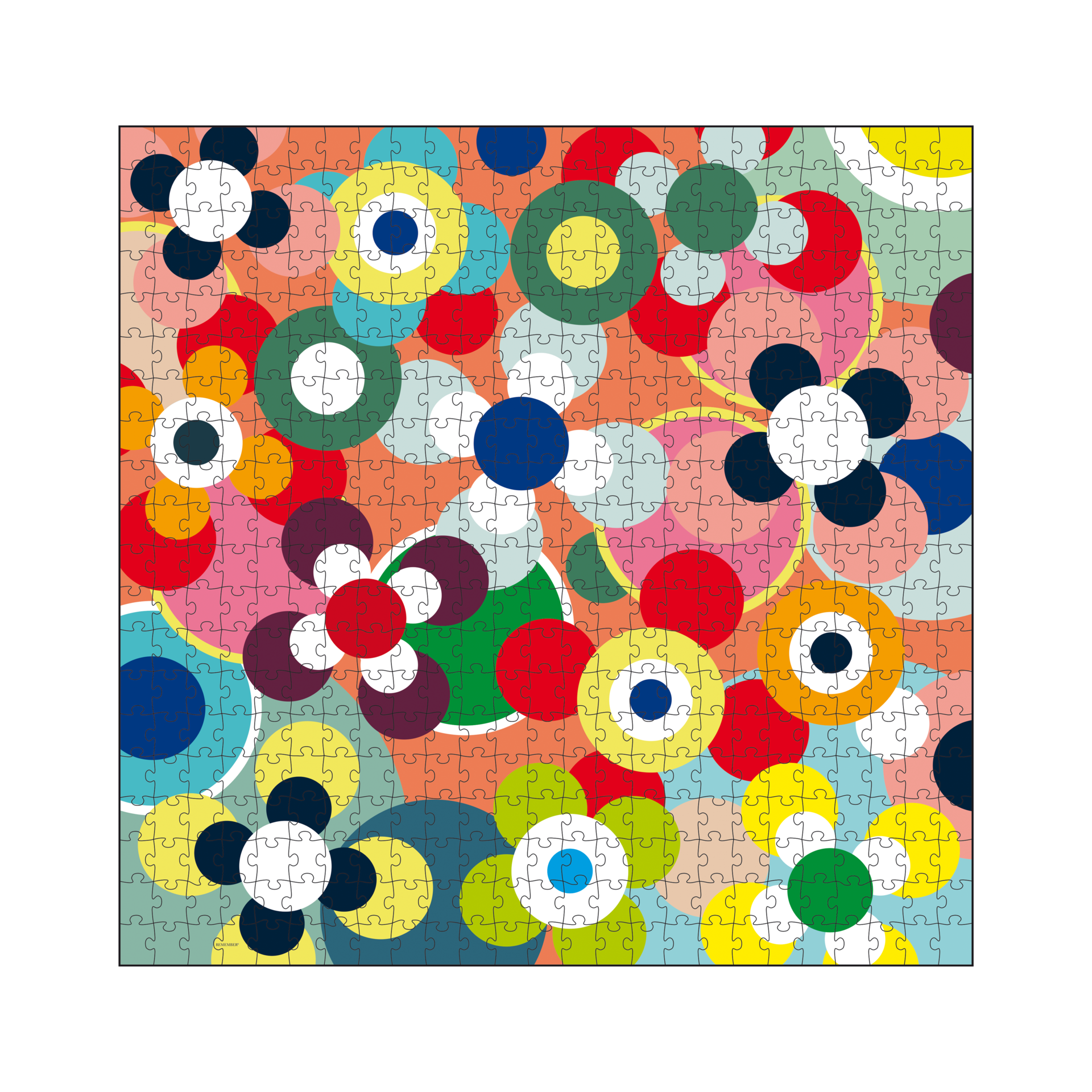 Un puzzle con cerchi colorati e sovrapposti e forme di fiori in rosso, blu, giallo, verde, bianco e nero su uno sfondo chiaro.