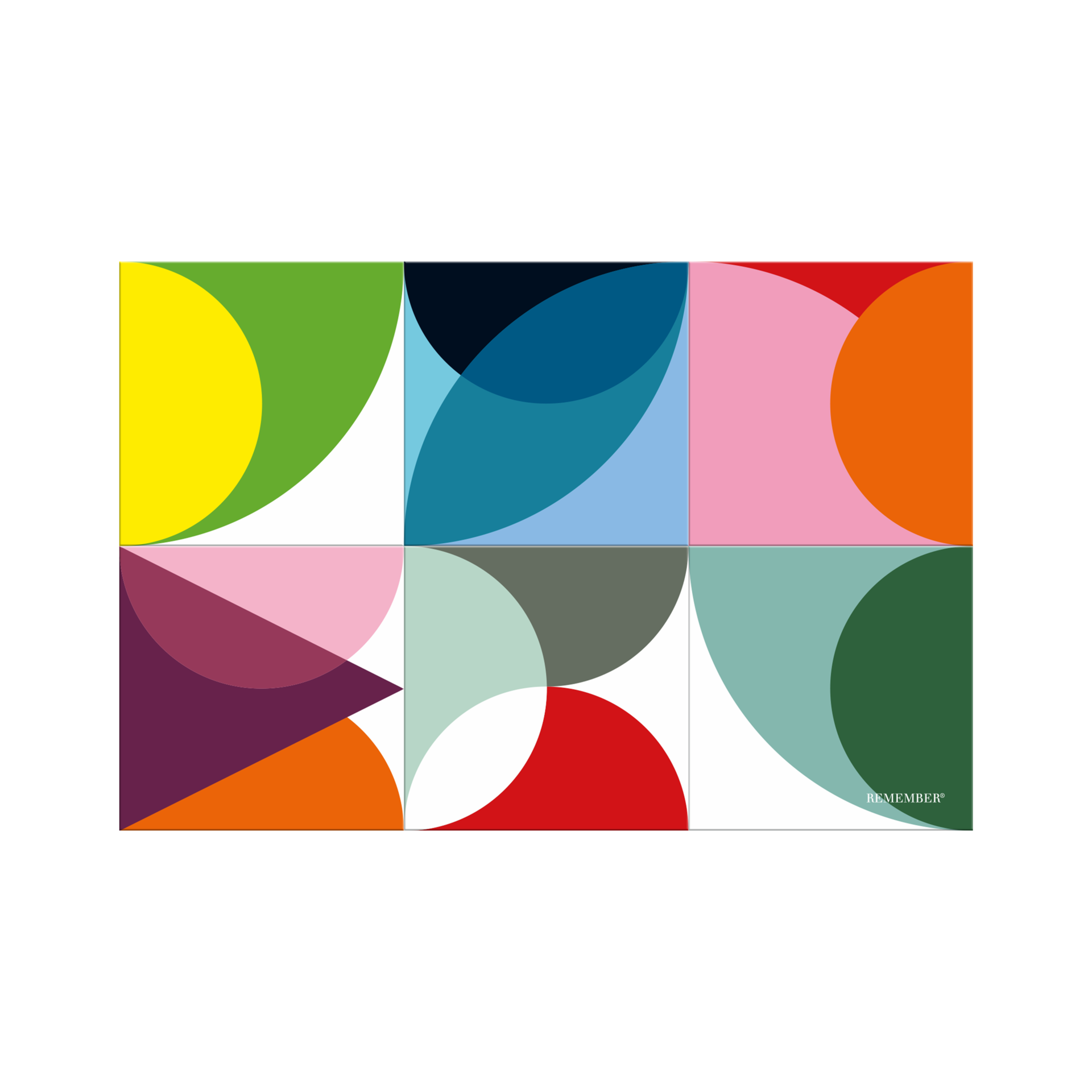 A colourful, abstract design comprising six square magnetic tiles. Each features arcs and quarter-circles in colours such as yellow, green, blue, pink, red, orange, purple, grey and dark green. Together, they form a vibrant ‘ REMEMBER ’ pattern.