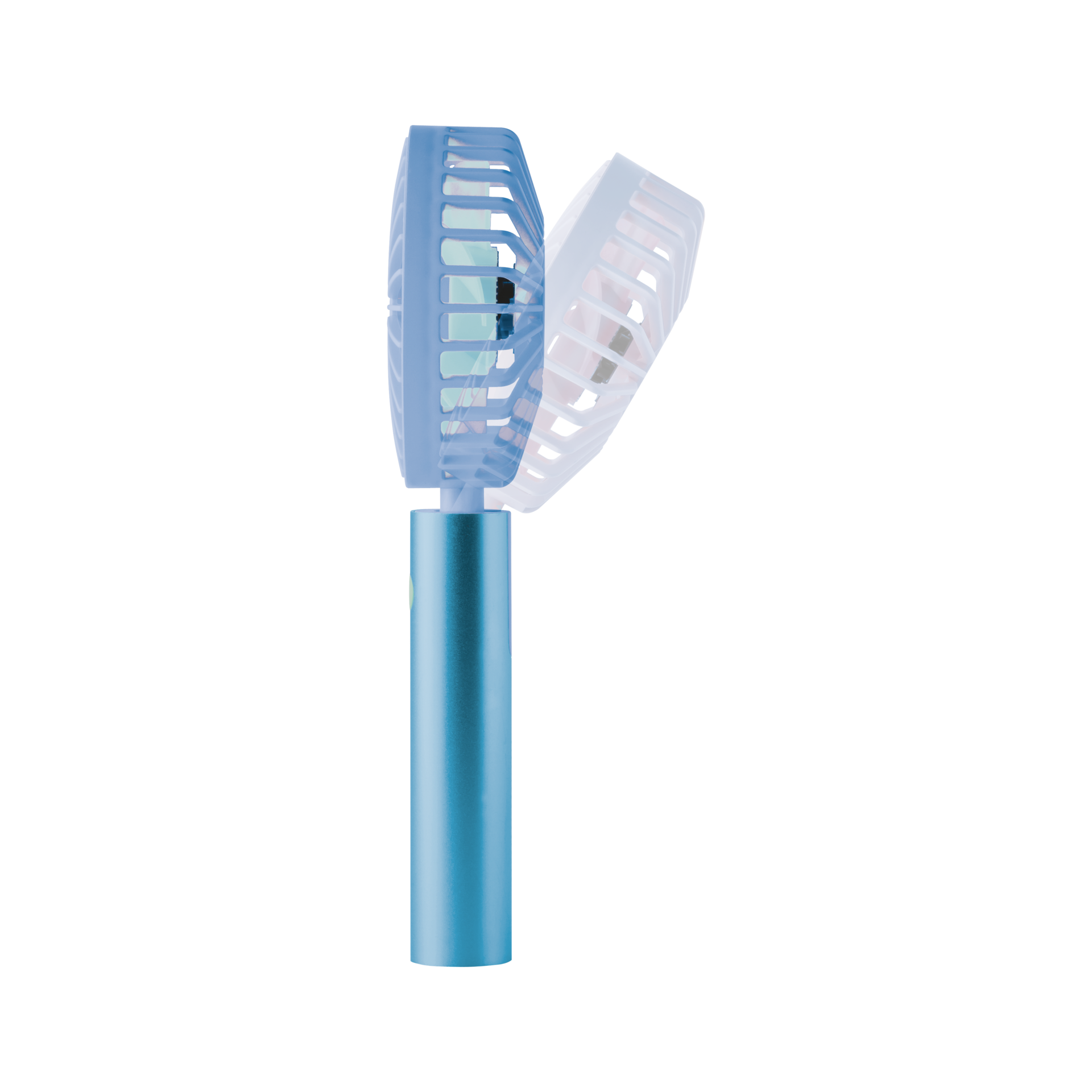 Aqua-farbiger Akku-Ventilator Flow mit schwenkbarem Kopf. Das Gitter des Ventilators ist blau, der Griff ist zylindrisch geformt.