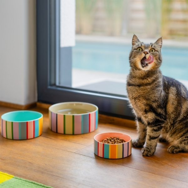 A tabby cat on a wooden floor next to three colourful, striped bowls. She is licking her nose and looking straight ahead. One bowl contains dry food, one has water, and the third is empty. In the background is a window with a view of the pool.