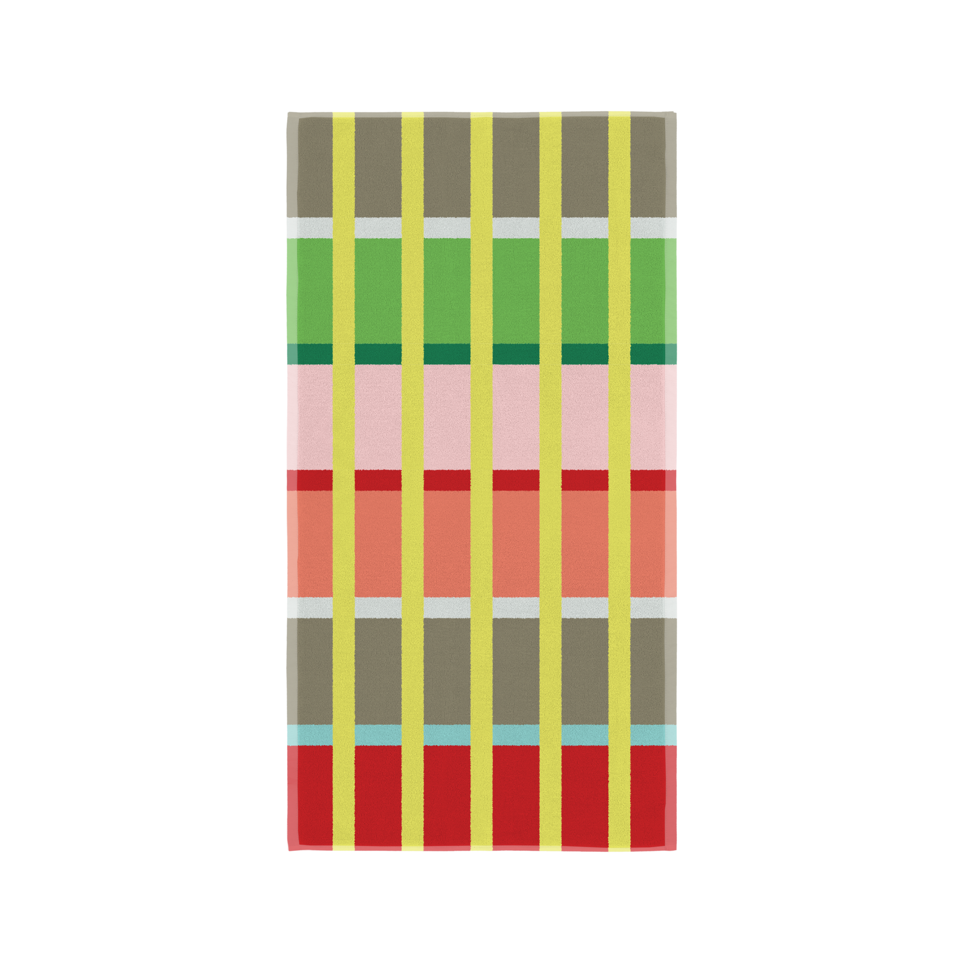 Folded Kaido towel with a vibrant checked pattern: vertical yellow stripes and horizontal bands in bright colours. Brown-grey, white, green, pink, coral, light blue and red give this cotton towel a cheerful look.
