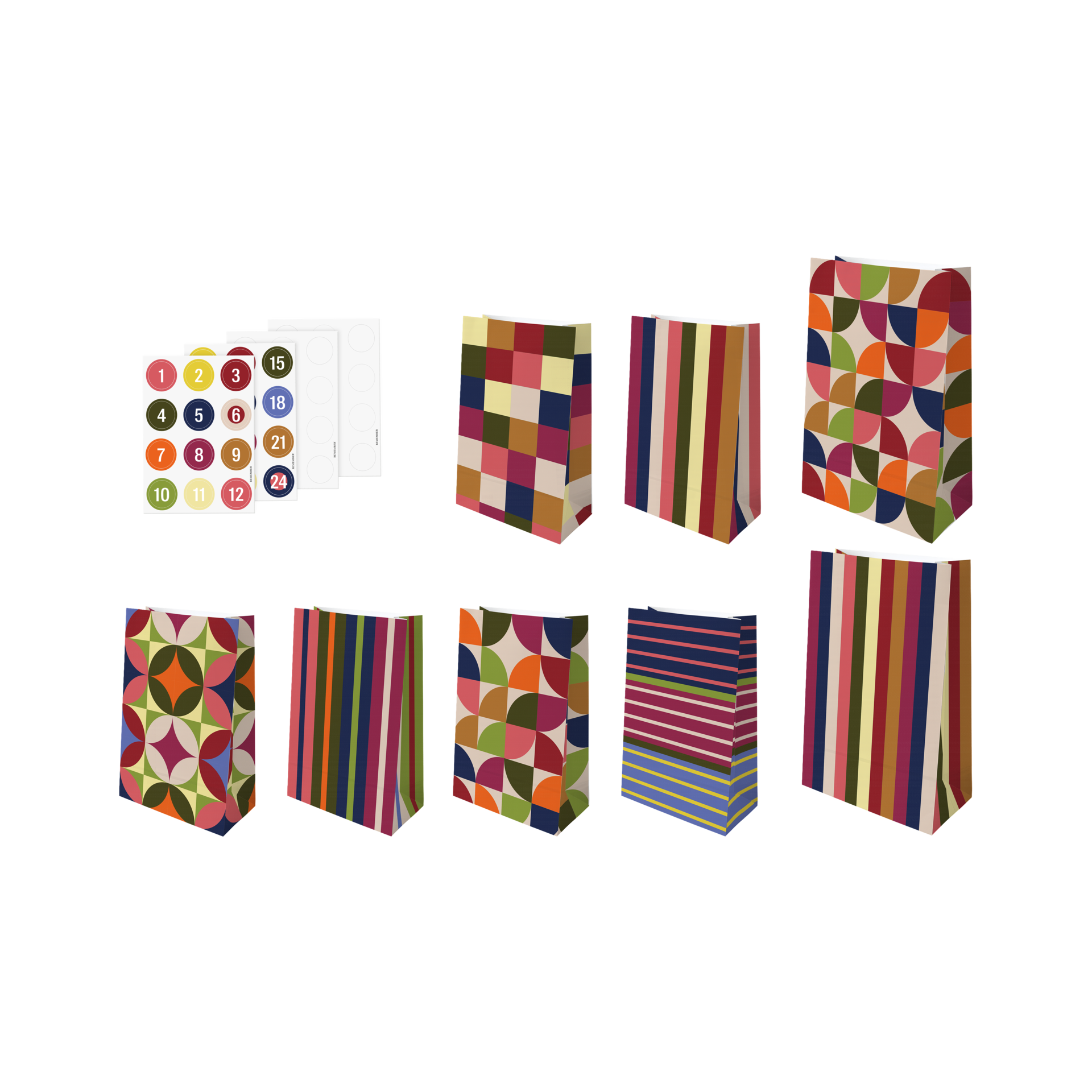 24 bolsitas de colores para el calendario de Adviento, de distintos tamaños, con estampados de cuadros, rayas y motivos geométricos. Incluyen pegatinas numeradas del 1 al 24 y pegatinas blancas. Ideal para un calendario personalizado.