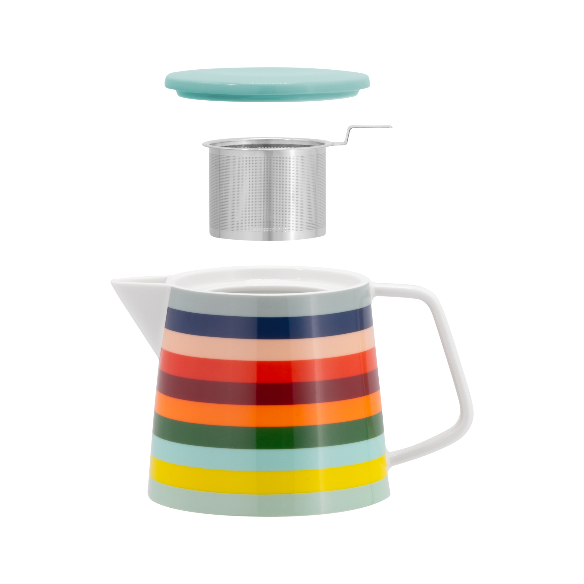 Teiera "Lorenzo" con strisce colorate, colino in acciaio inox e coperchio.