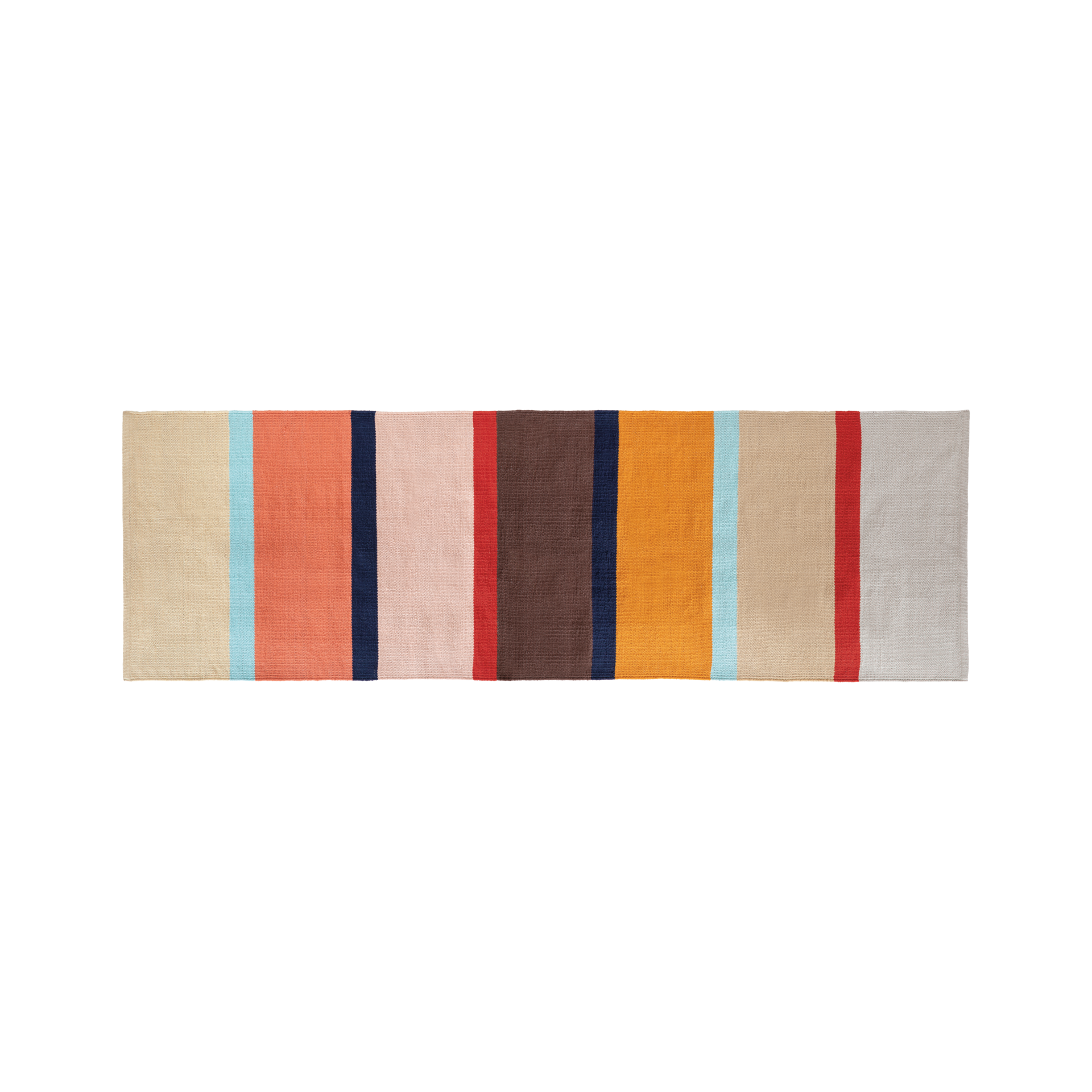 Langgezogener Teppichläufer 'Zaza' mit farbigen Streifen in Beige, Blau, Rosa, Rot, Braun und Orange. Handgewebte Baumwolle mit erkennbarer Textur.